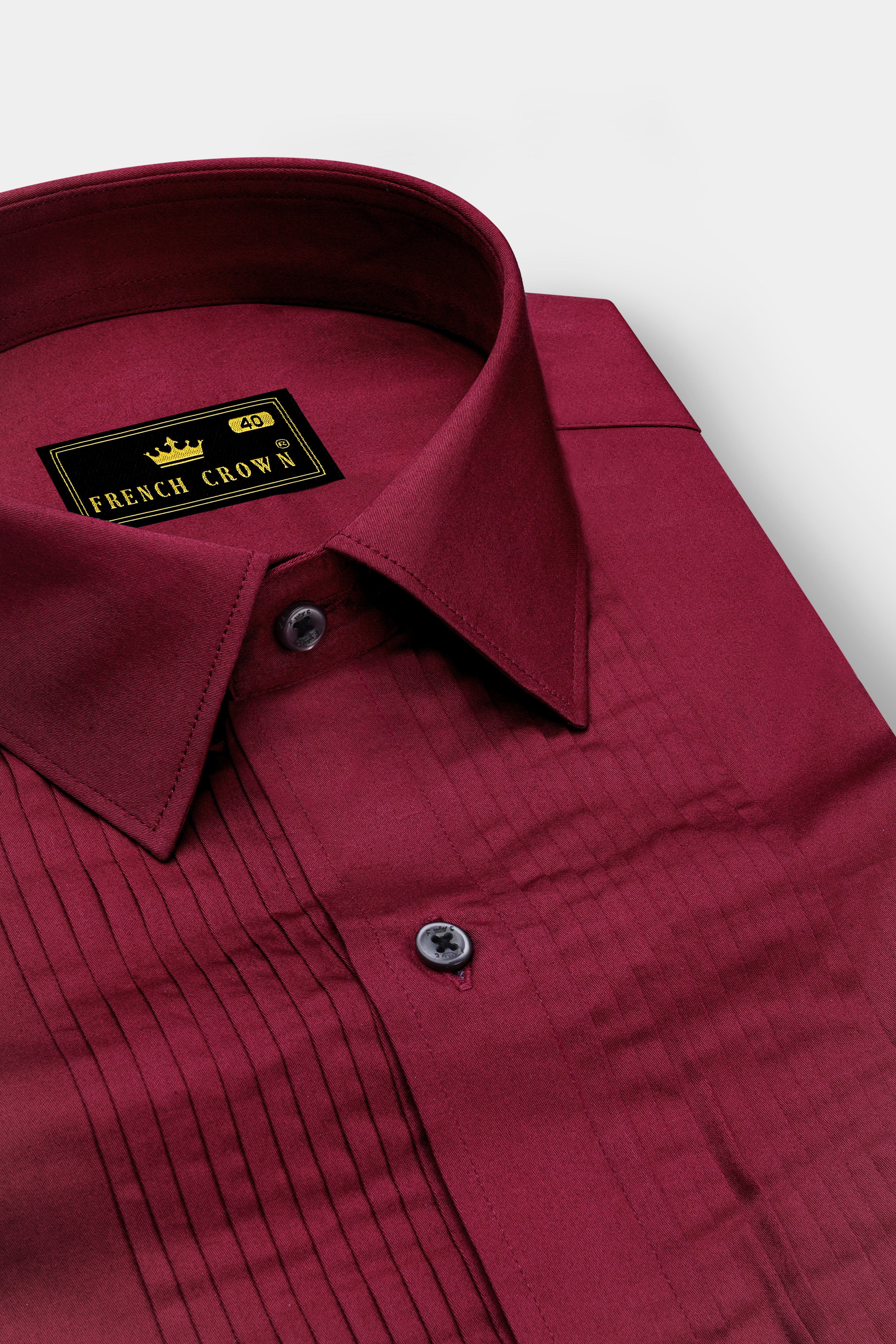 Vivid Auburn Red Subtle Sheen Snake Pleated Super Soft Premium Cotton Tuxedo Shirt