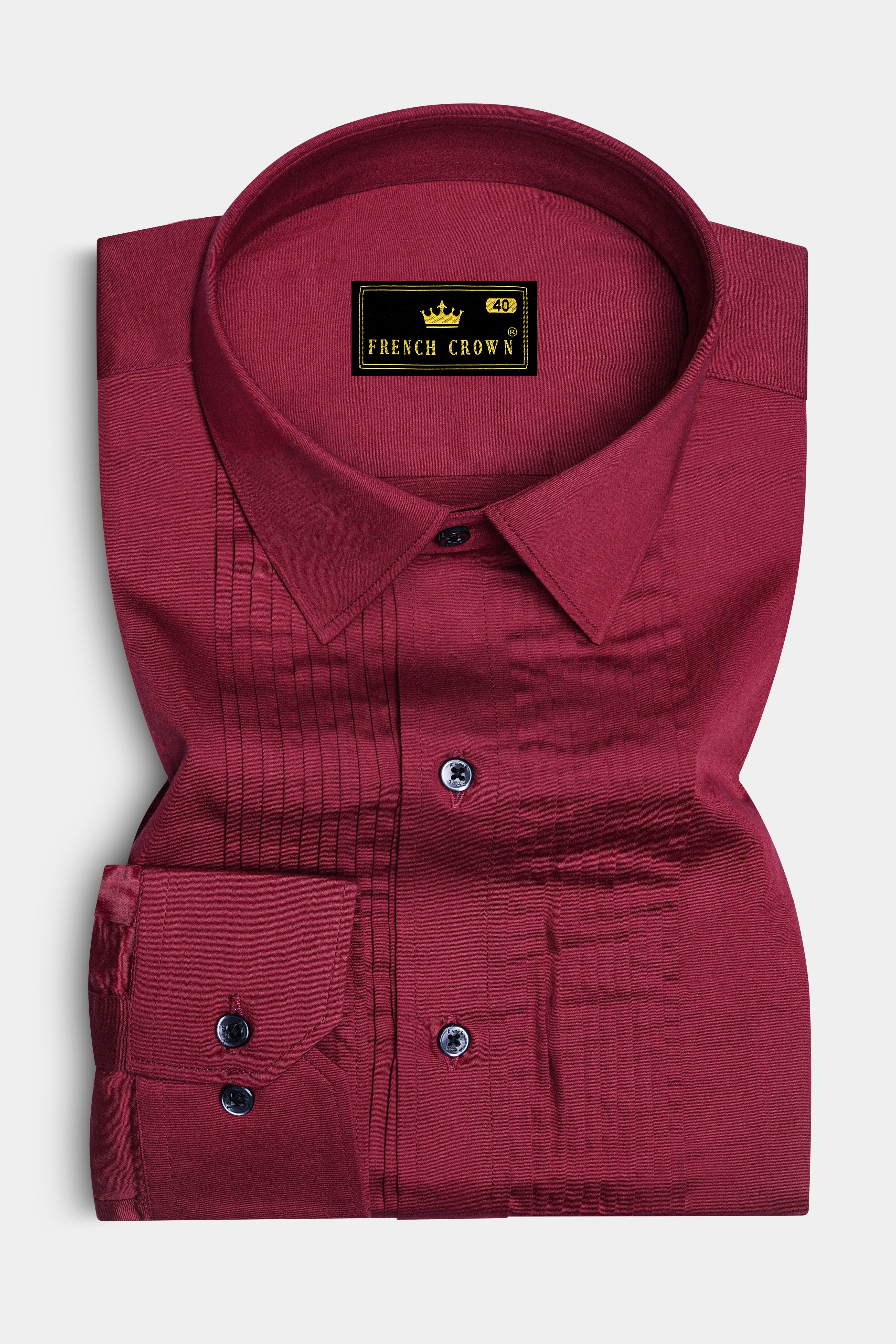 Vivid Auburn Red Subtle Sheen Snake Pleated Super Soft Premium Cotton Tuxedo Shirt