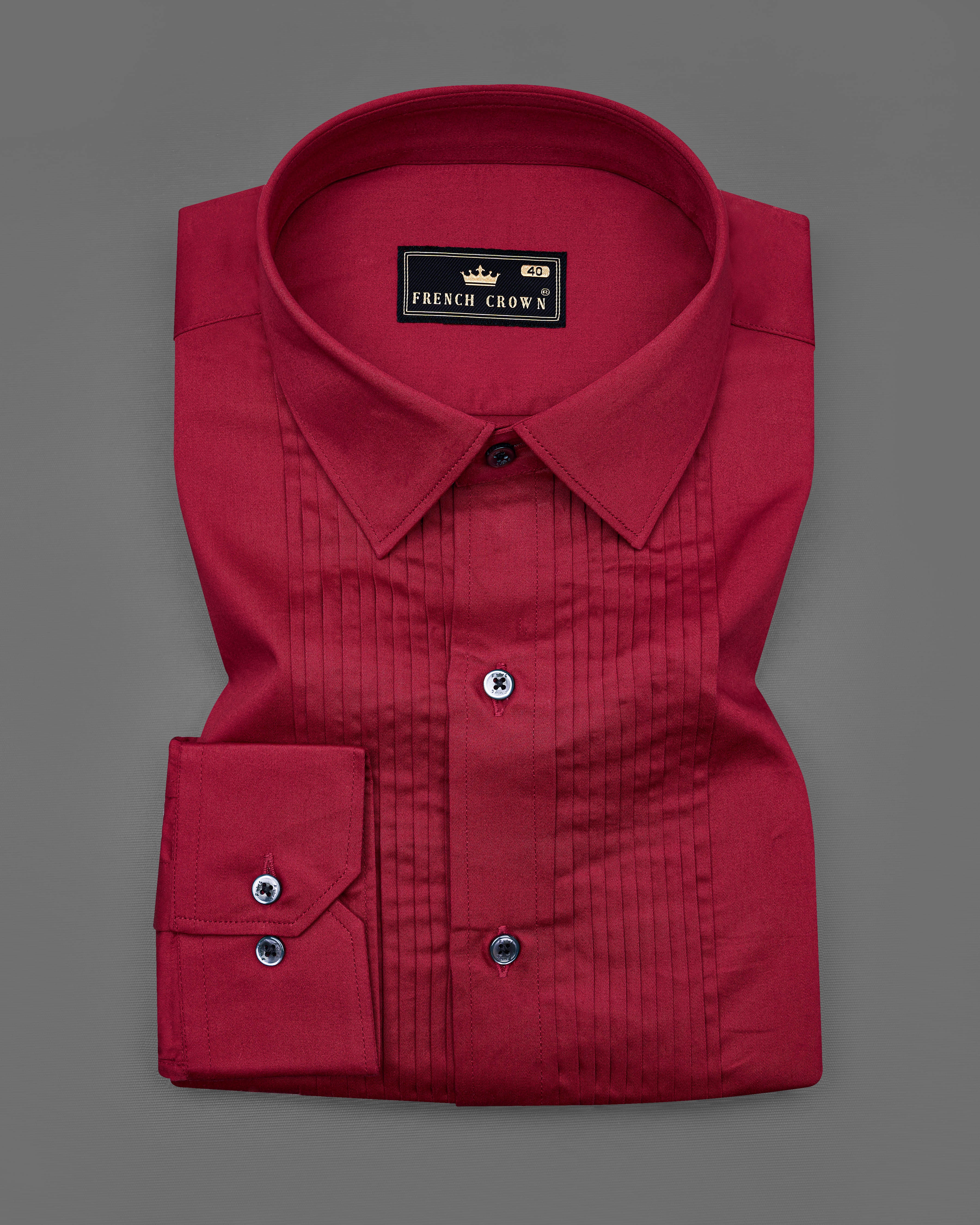 Vivid Auburn Red Subtle Sheen Snake Pleated Super Soft Premium Cotton Tuxedo Shirt
