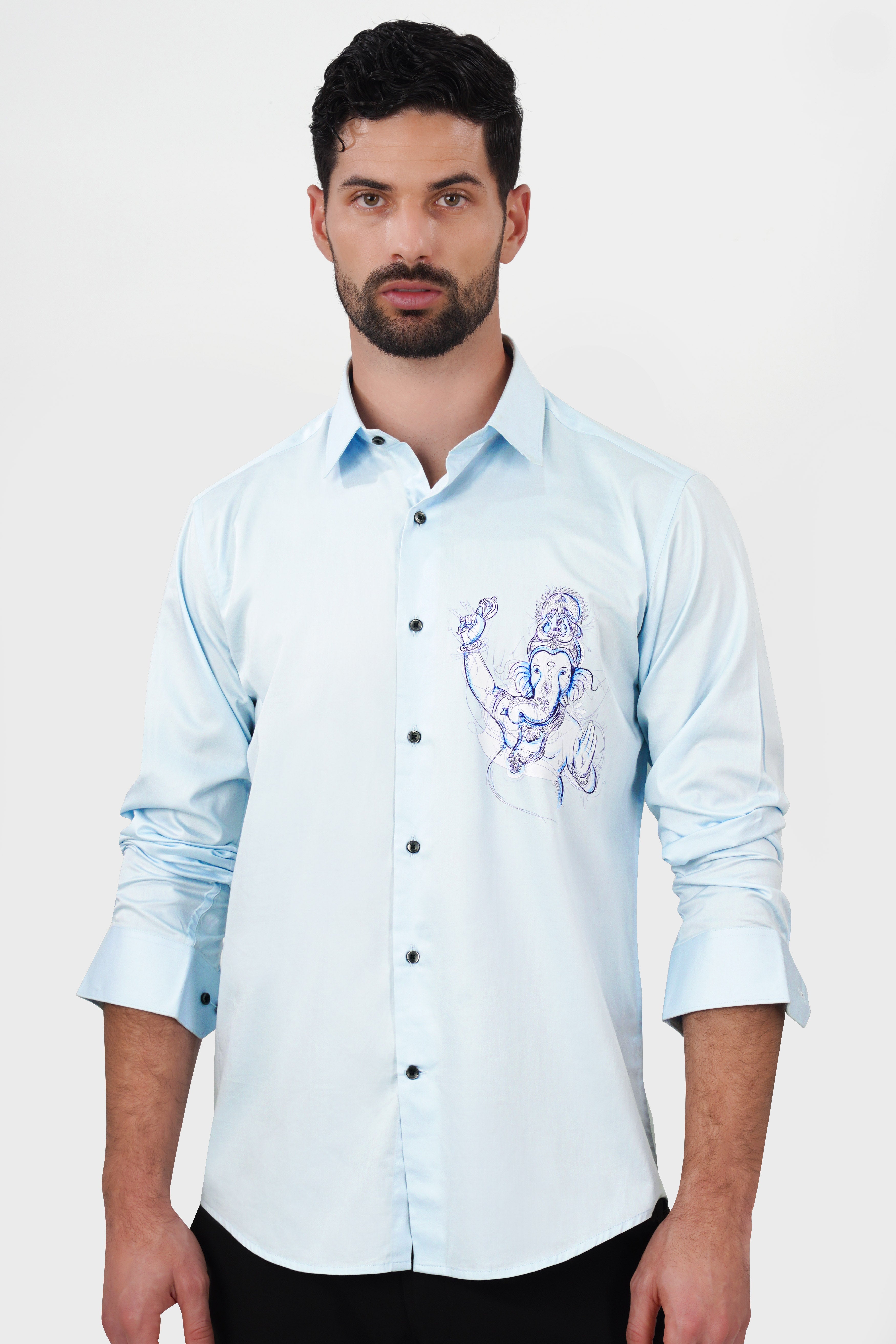 Blizzard Blue Lord Ganesha Printed Subtle Sheen Super Soft Premium Cotton Designer Shirt 8883-BLK-RPRT079-38, 8883-BLK-RPRT079-H-38, 8883-BLK-RPRT079-39, 8883-BLK-RPRT079-H-39, 8883-BLK-RPRT079-40, 8883-BLK-RPRT079-H-40, 8883-BLK-RPRT079-42, 8883-BLK-RPRT079-H-42, 8883-BLK-RPRT079-44, 8883-BLK-RPRT079-H-44, 8883-BLK-RPRT079-46, 8883-BLK-RPRT079-H-46, 8883-BLK-RPRT079-48, 8883-BLK-RPRT079-H-48, 8883-BLK-RPRT079-50, 8883-BLK-RPRT079-H-50, 8883-BLK-RPRT079-52, 8883-BLK-RPRT079-H-52