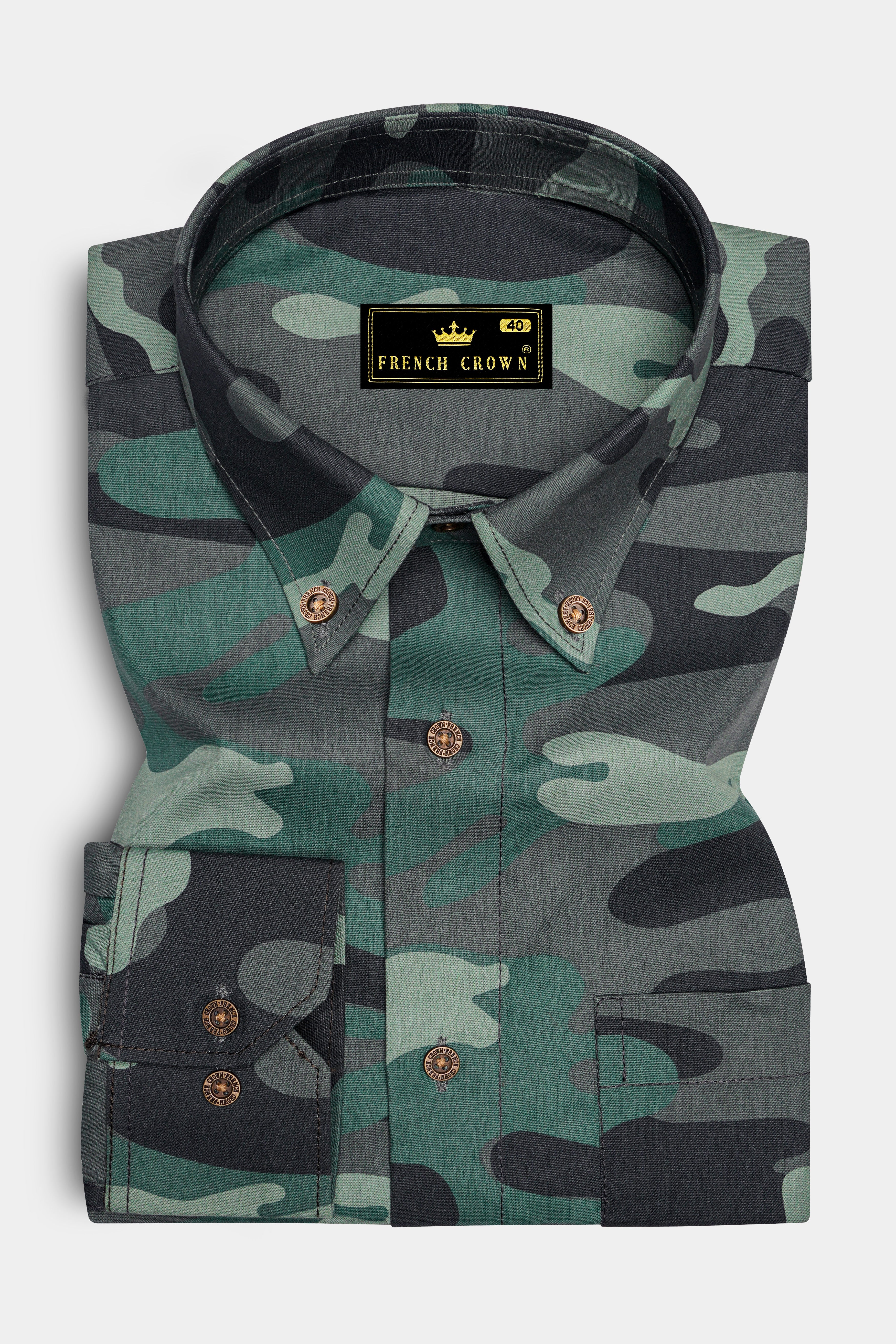 Viridian Green with Multicolour Camouflage Printed Royal Oxford Shirt