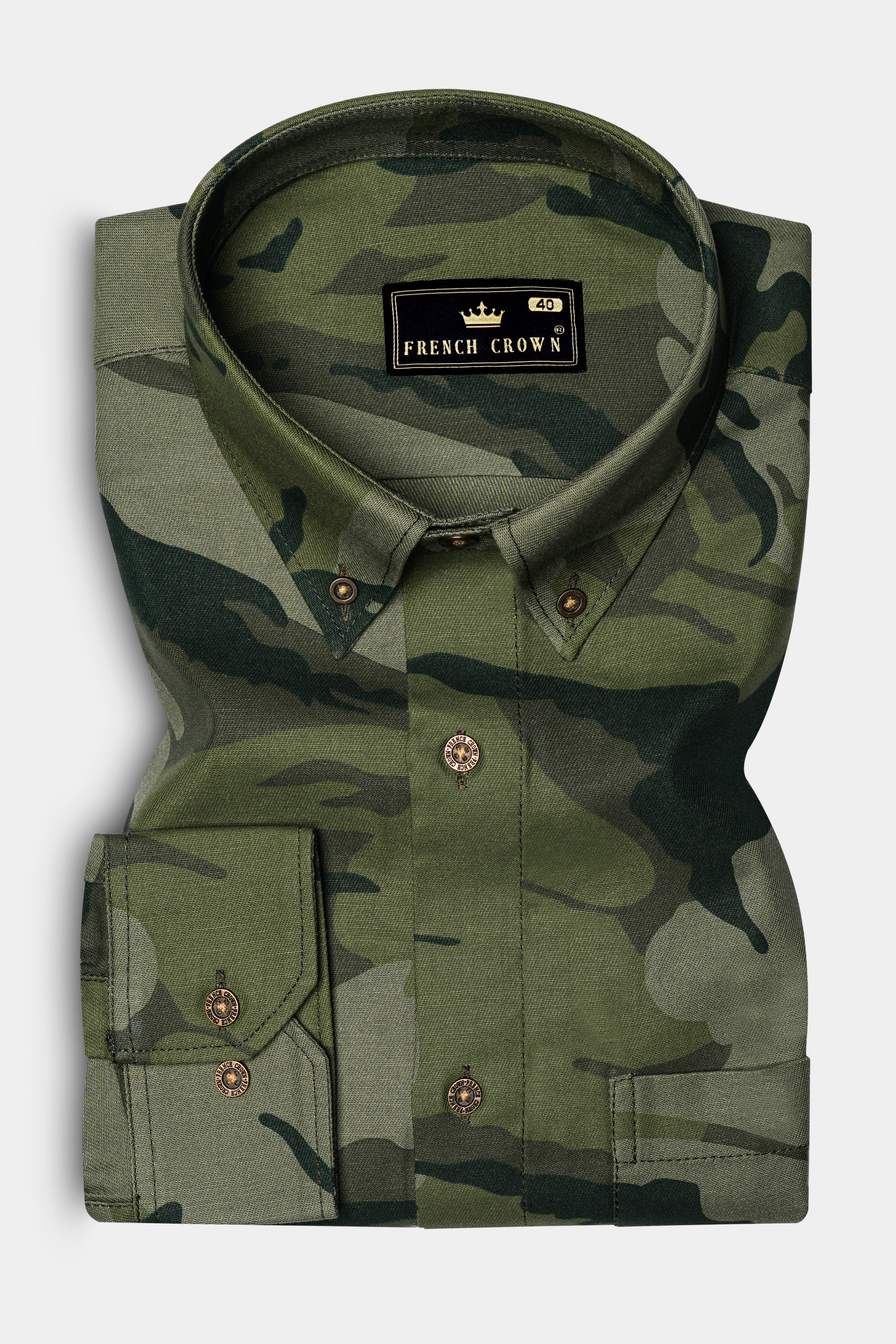 Fuscous Green with Birch Dark Green Camouflage Printed Royal Oxford Shirt