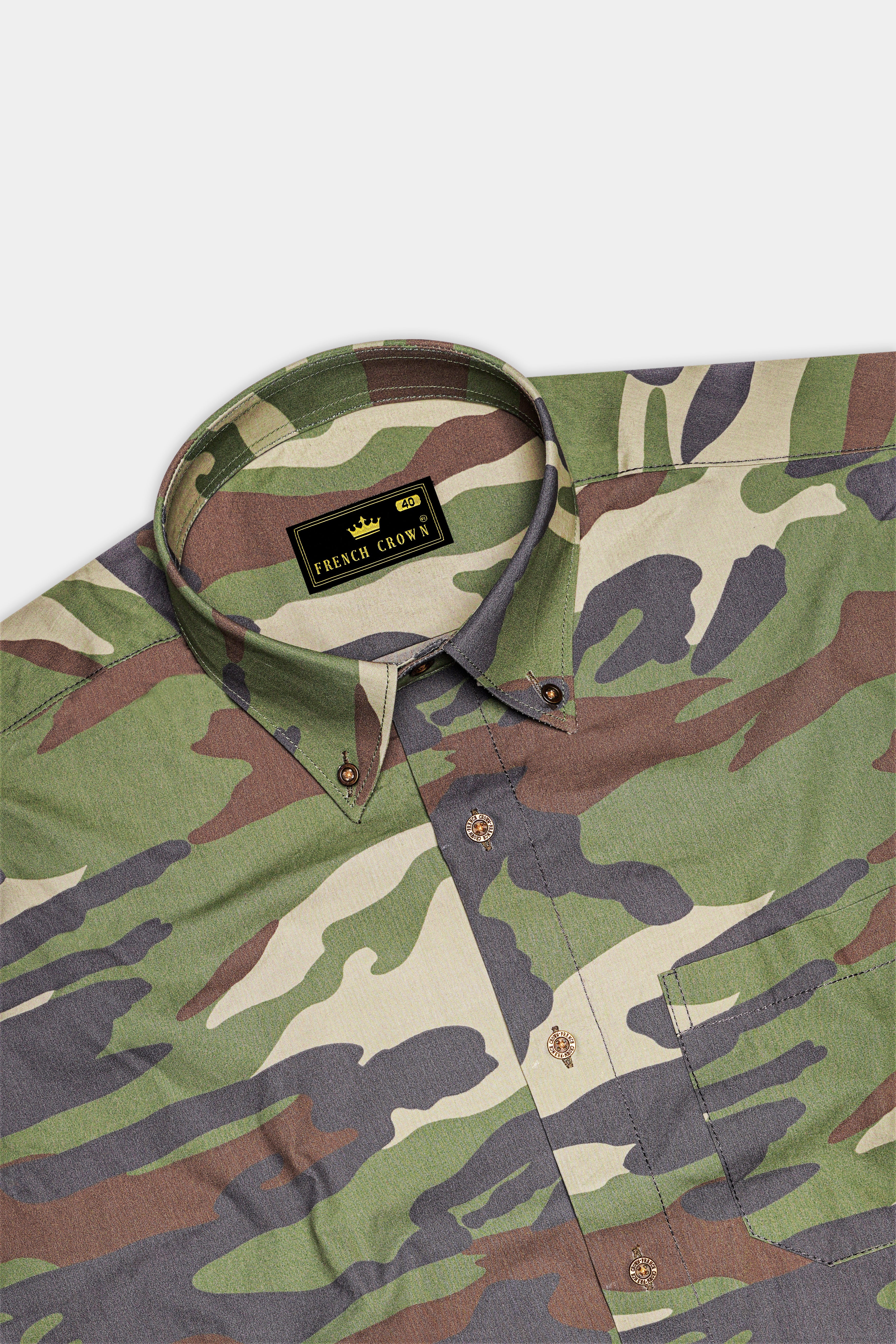 Siam Green with Wenge Brown Camouflage Printed Royal Oxford Shirt