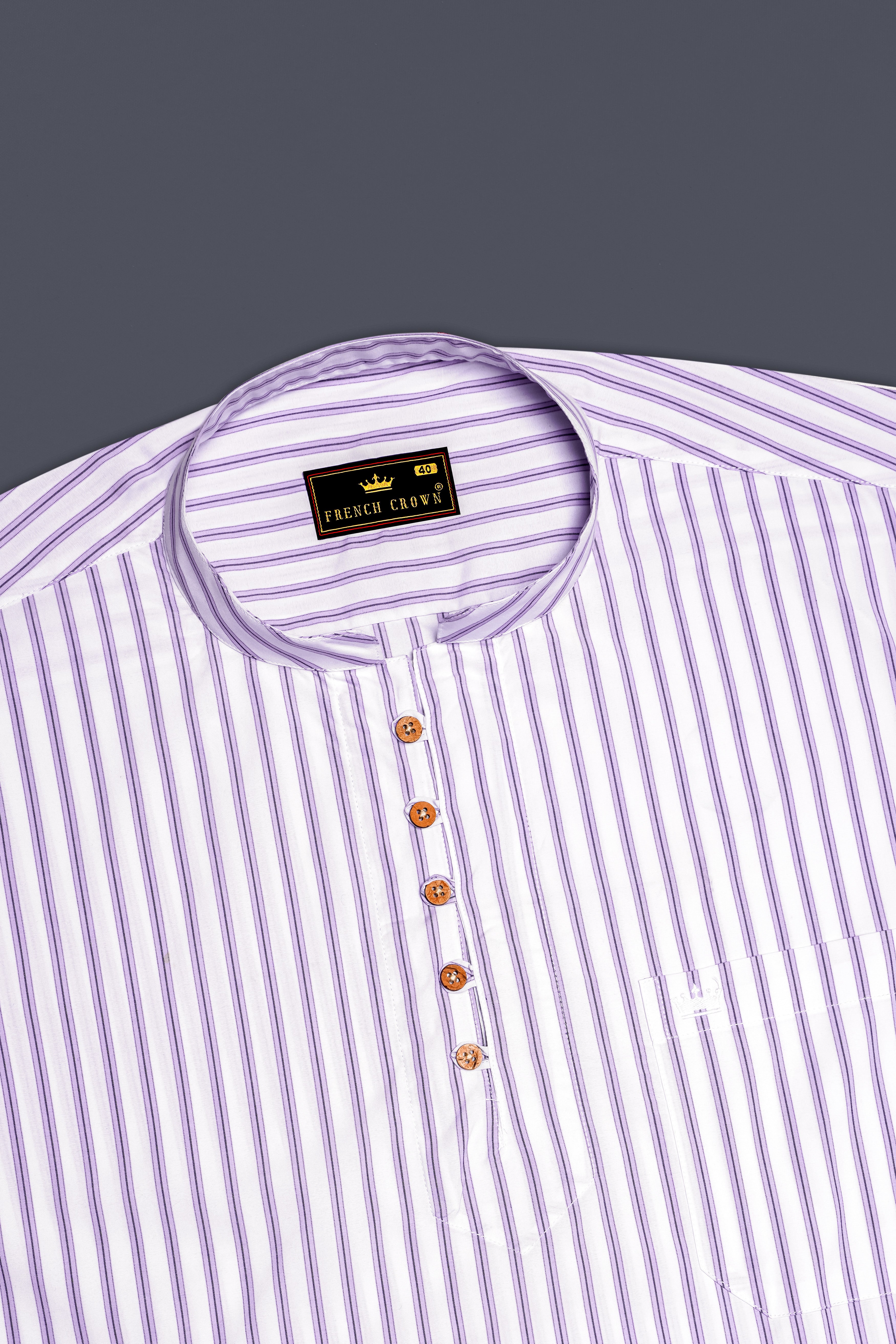 Pale Lilac Light Purple White Striped Premium Cotton Kurta Shirt