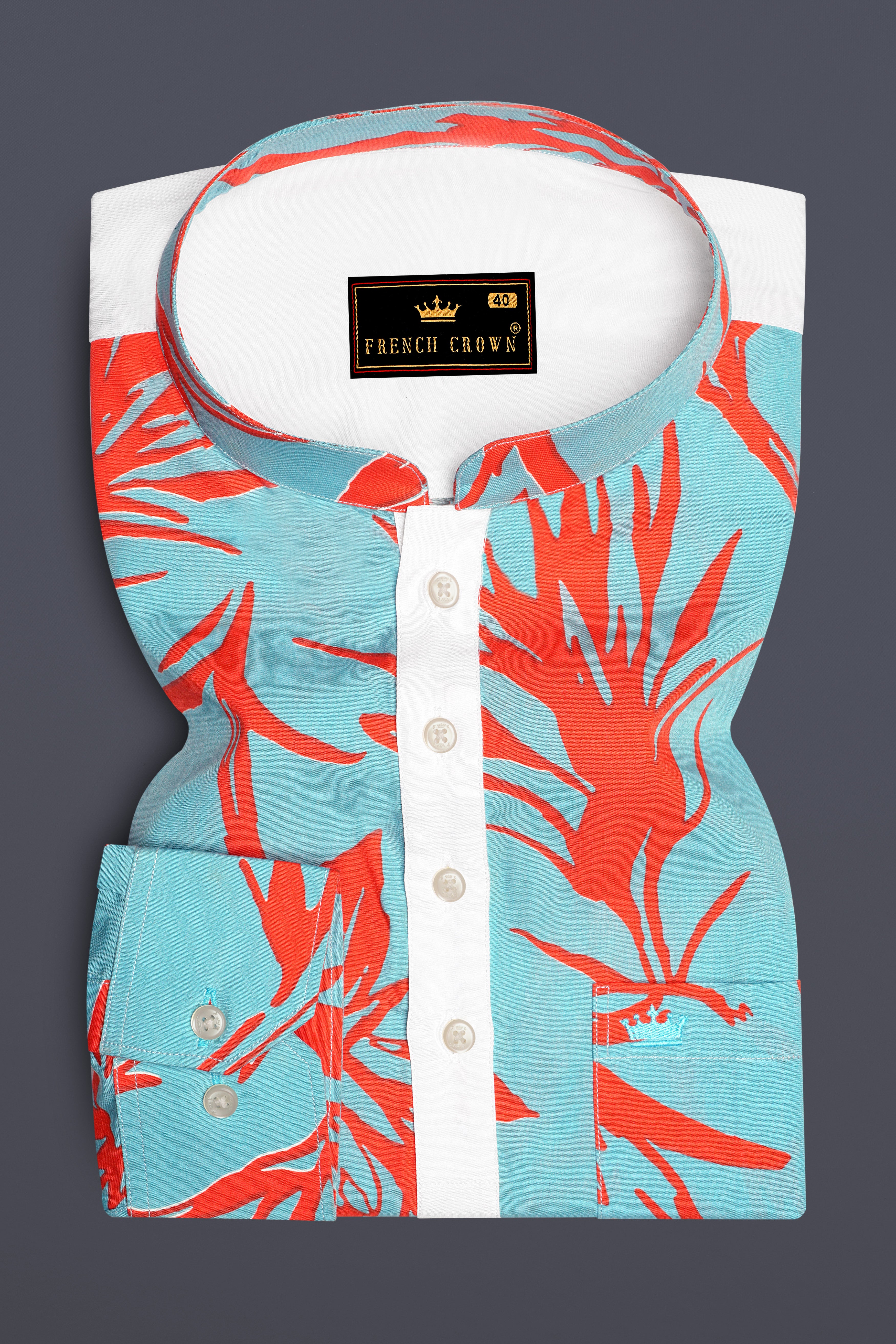 Tiffany Blue with Flamingo Red Printed Premium Cotton Mandarin Collar Designer Shirt