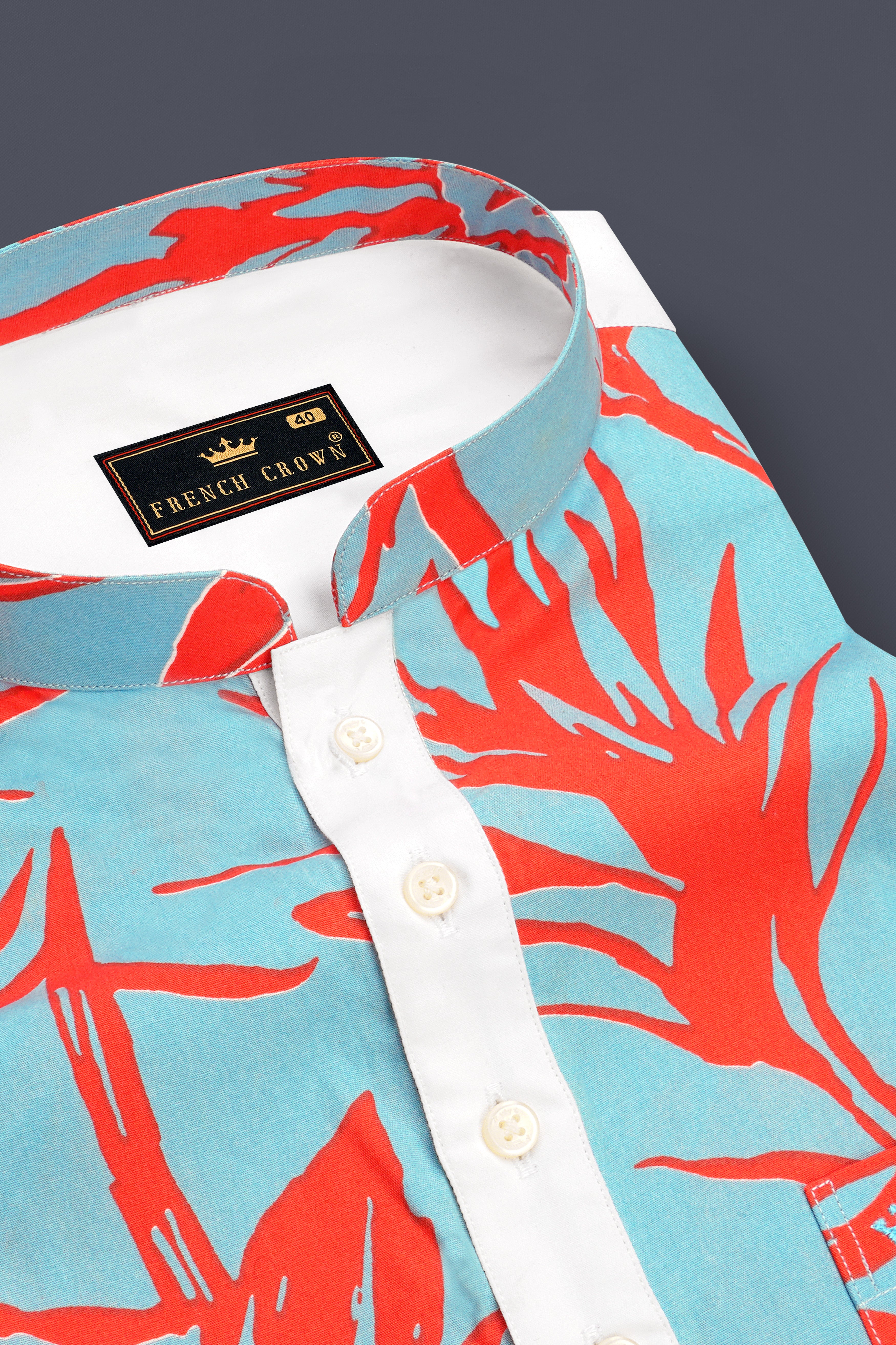 Tiffany Blue with Flamingo Red Printed Premium Cotton Mandarin Collar Designer Shirt