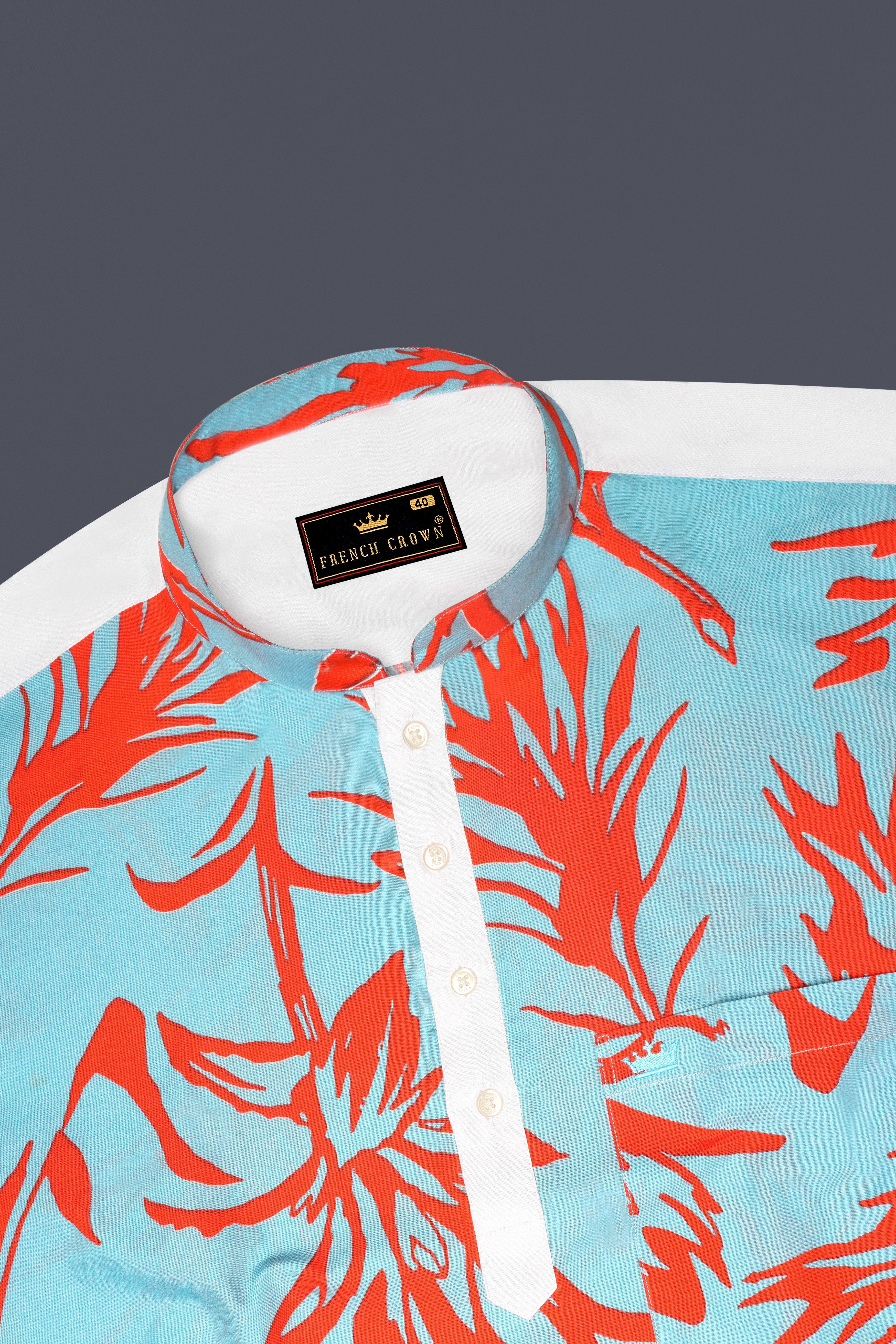 Tiffany Blue with Flamingo Red Printed Premium Cotton Mandarin Collar Designer Shirt