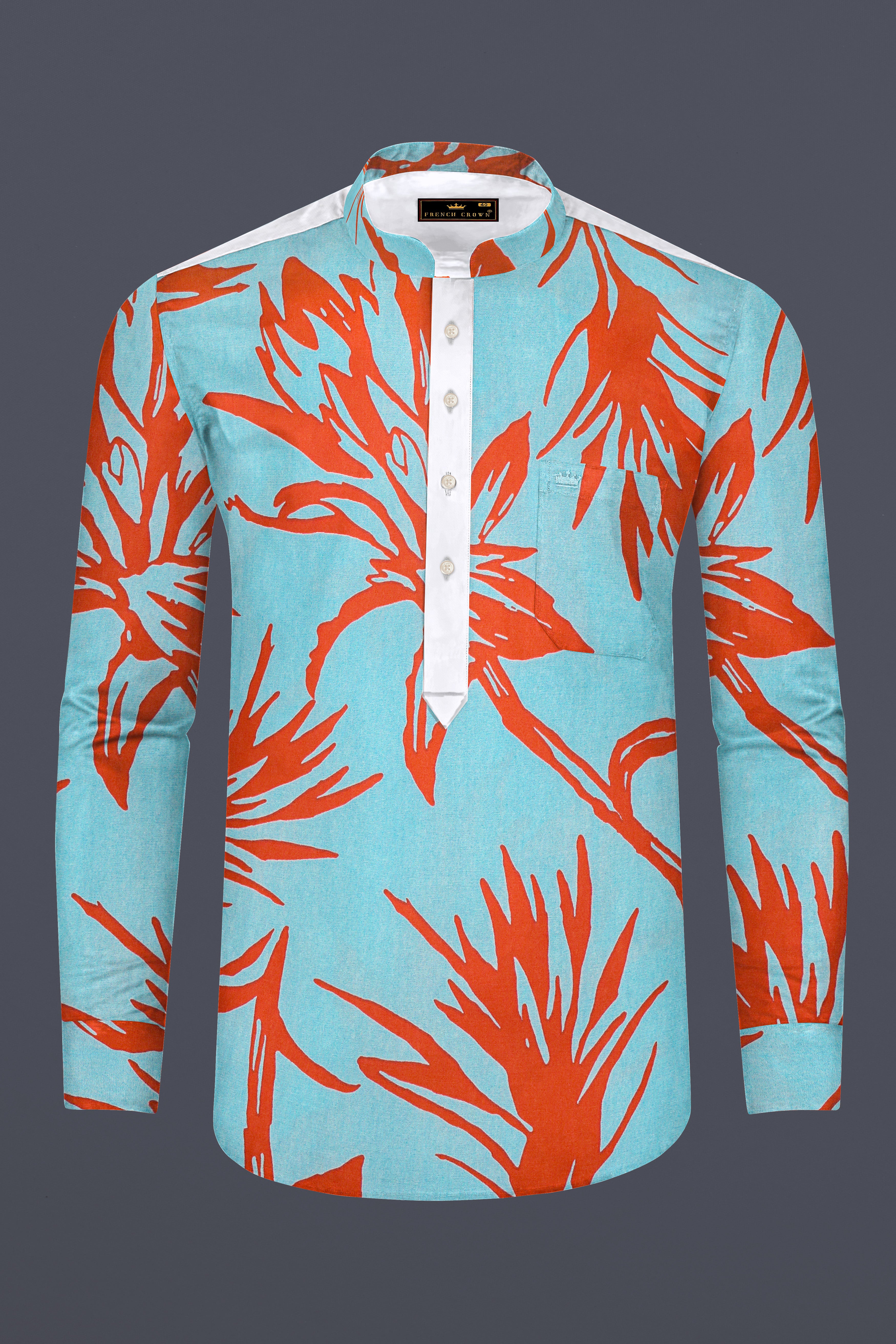 Tiffany Blue with Flamingo Red Printed Premium Cotton Mandarin Collar Designer Shirt