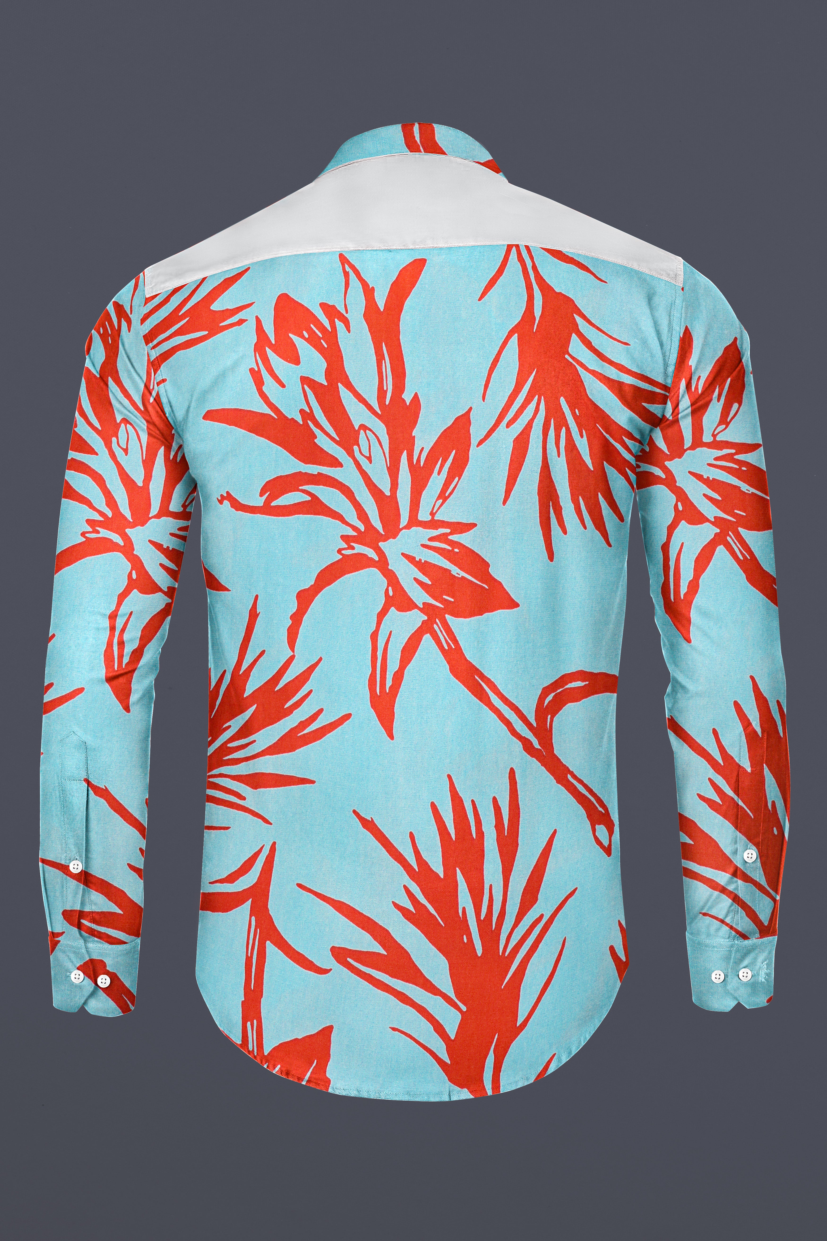 Tiffany Blue with Flamingo Red Printed Premium Cotton Mandarin Collar Designer Shirt