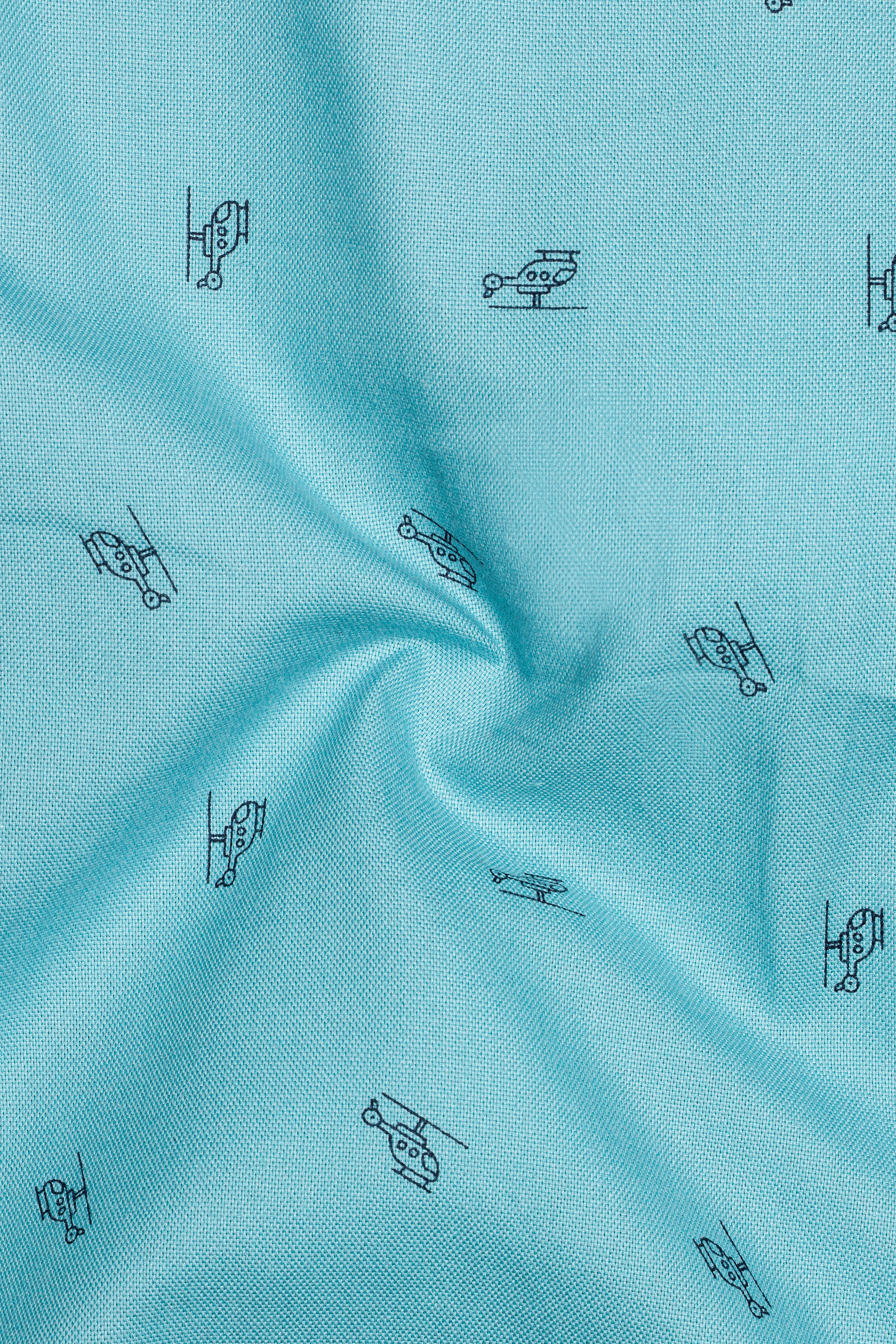 Opaque Aqua Blue Helicopter Printed Royal Oxford Shirt