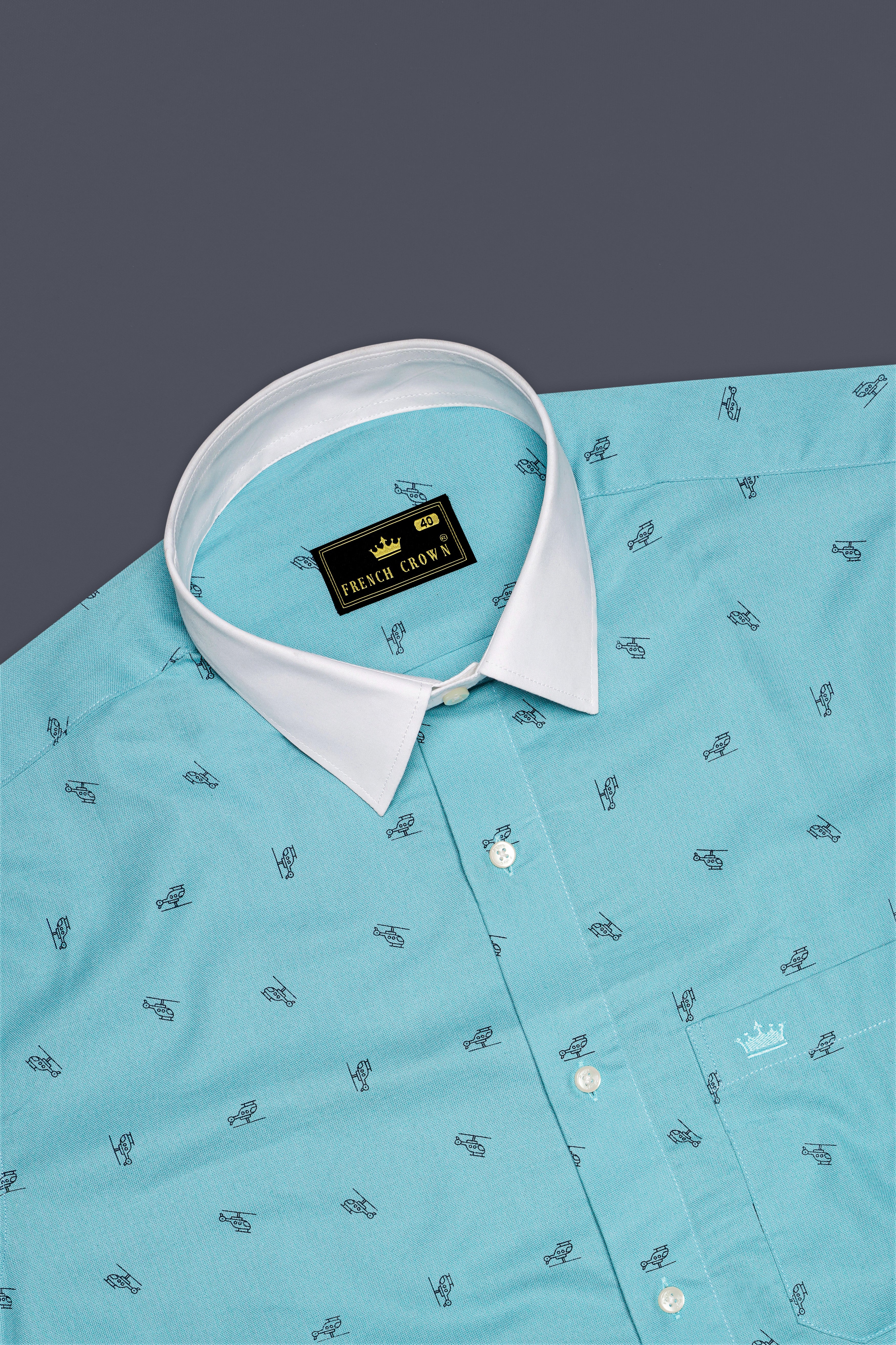Opaque Aqua Blue Helicopter Printed Royal Oxford Shirt