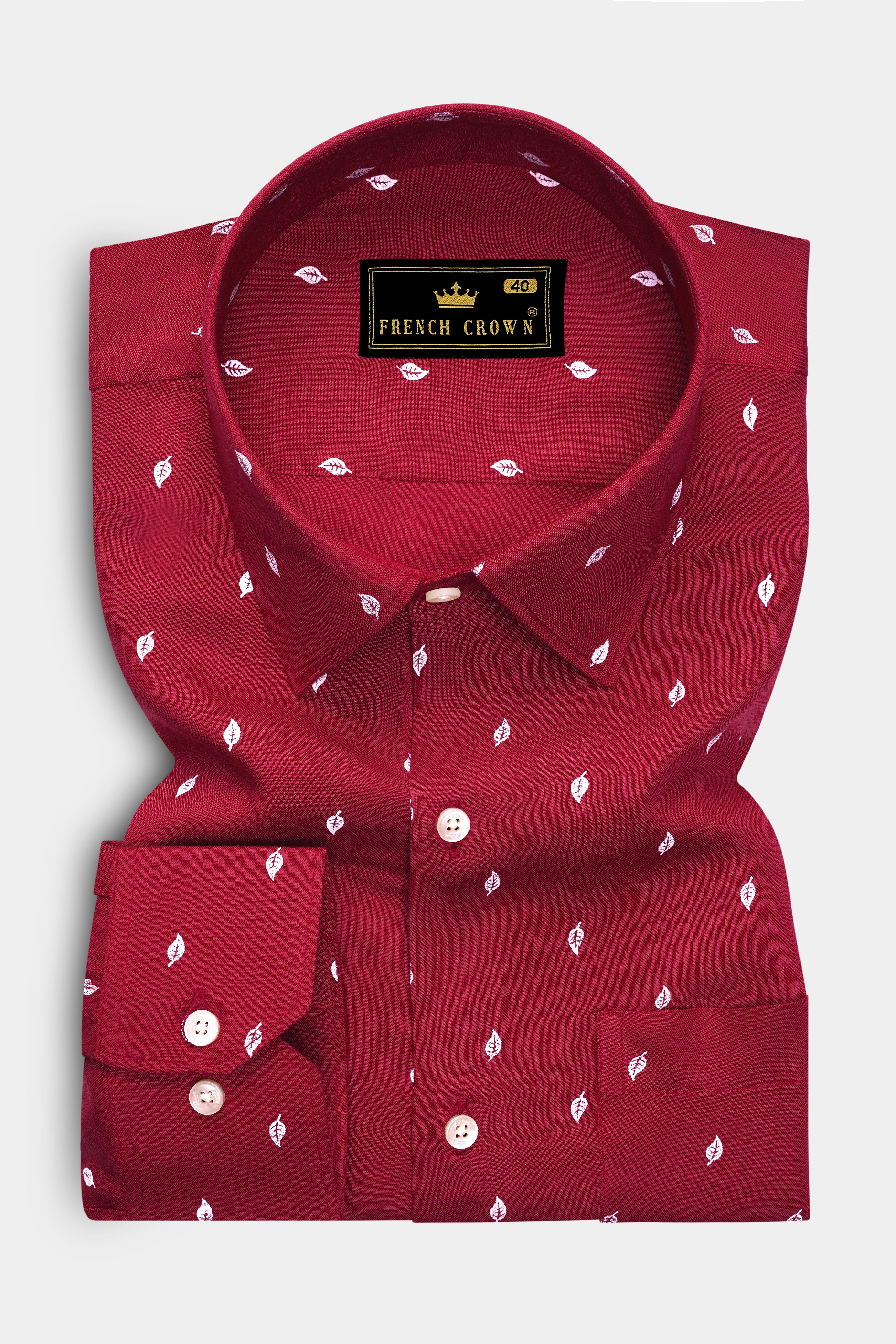 Burgundy Leaves Textured Premium Tencel Shirt