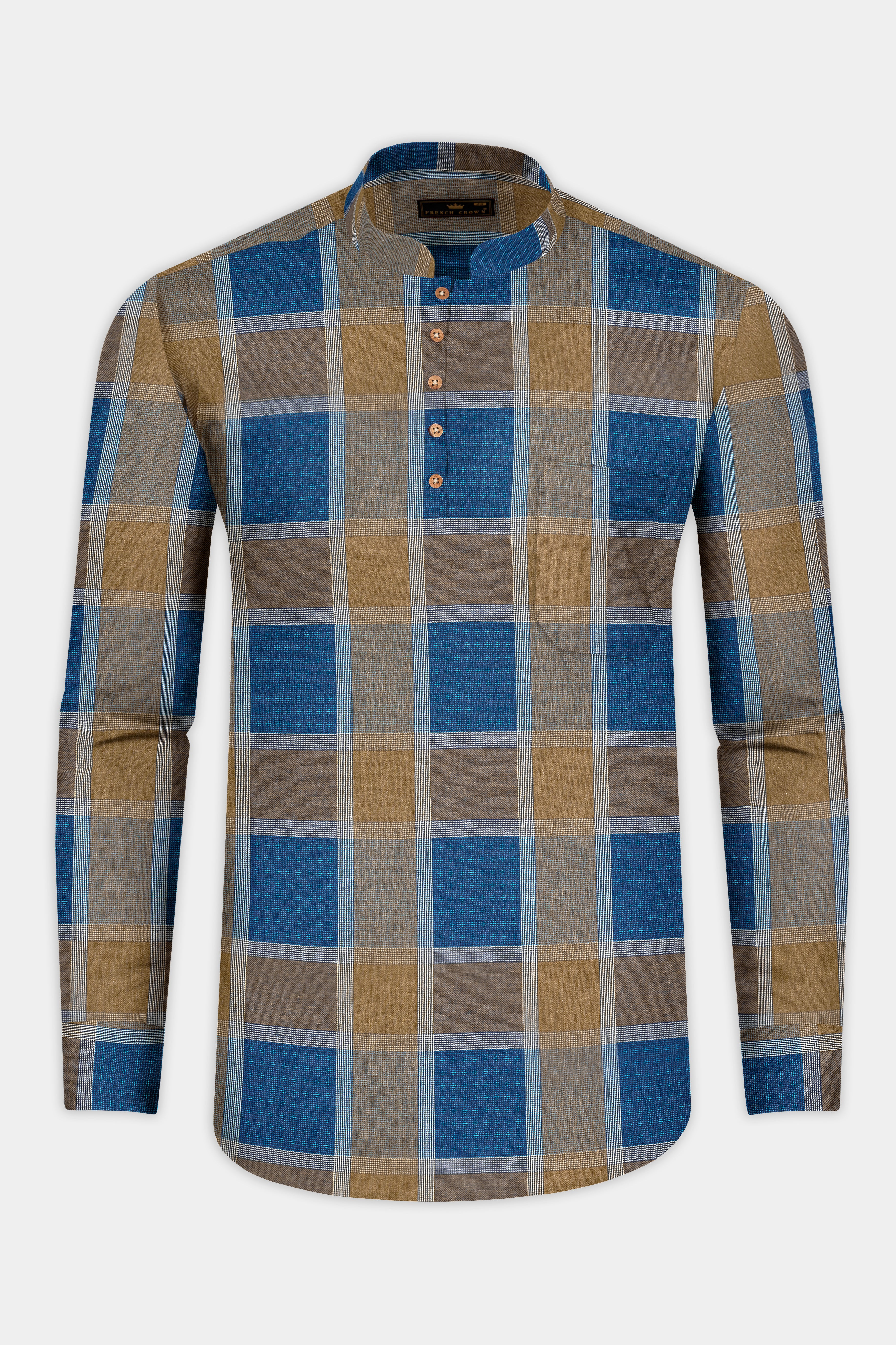 Lochmara Blue with Pesto Brown Checked Dobby Textured Premium Giza Cotton Kurta Shirt