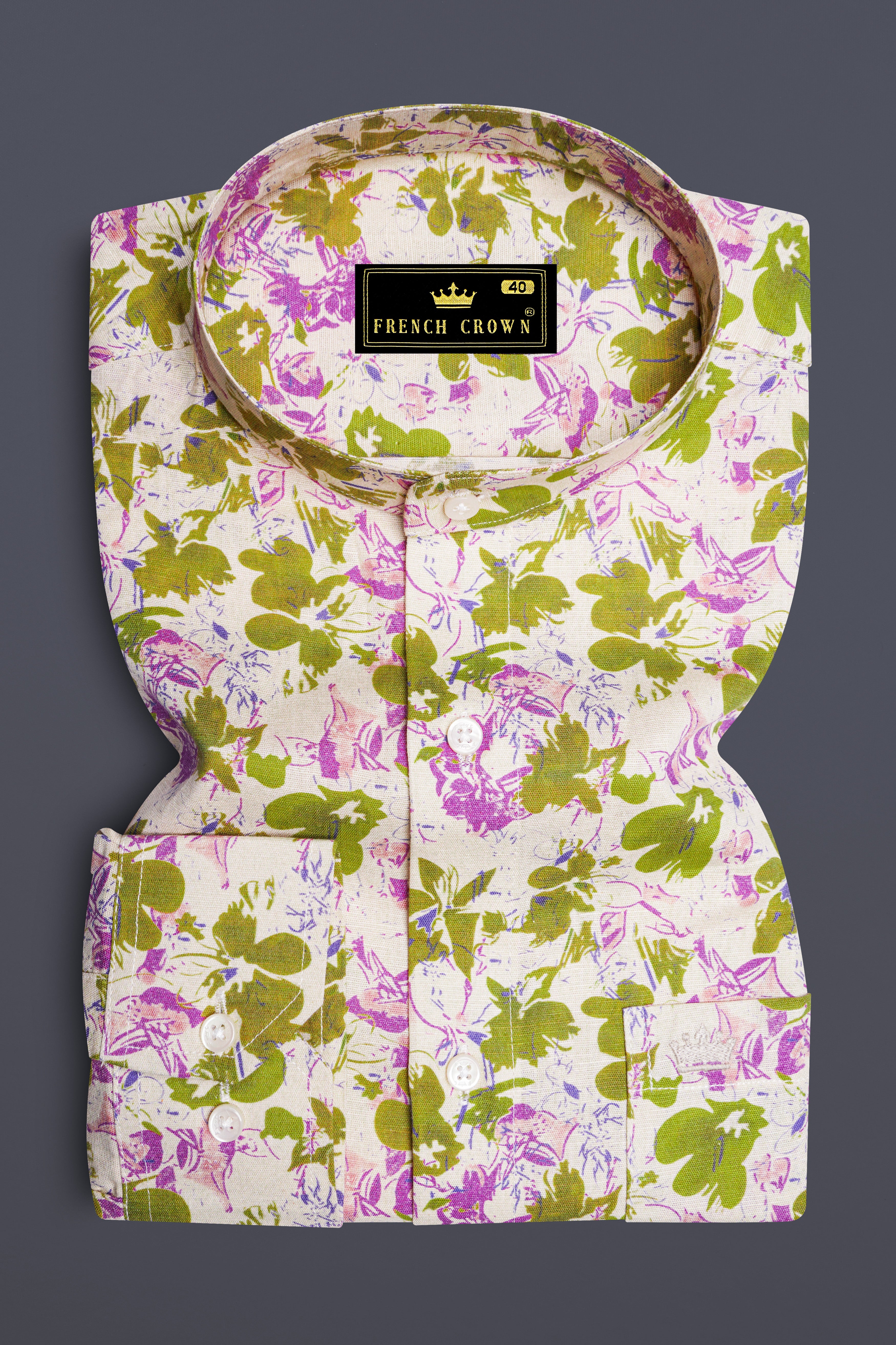 Albescent Cream with Alpine Green Multicolour Floral Textured Luxurious Linen Shirt