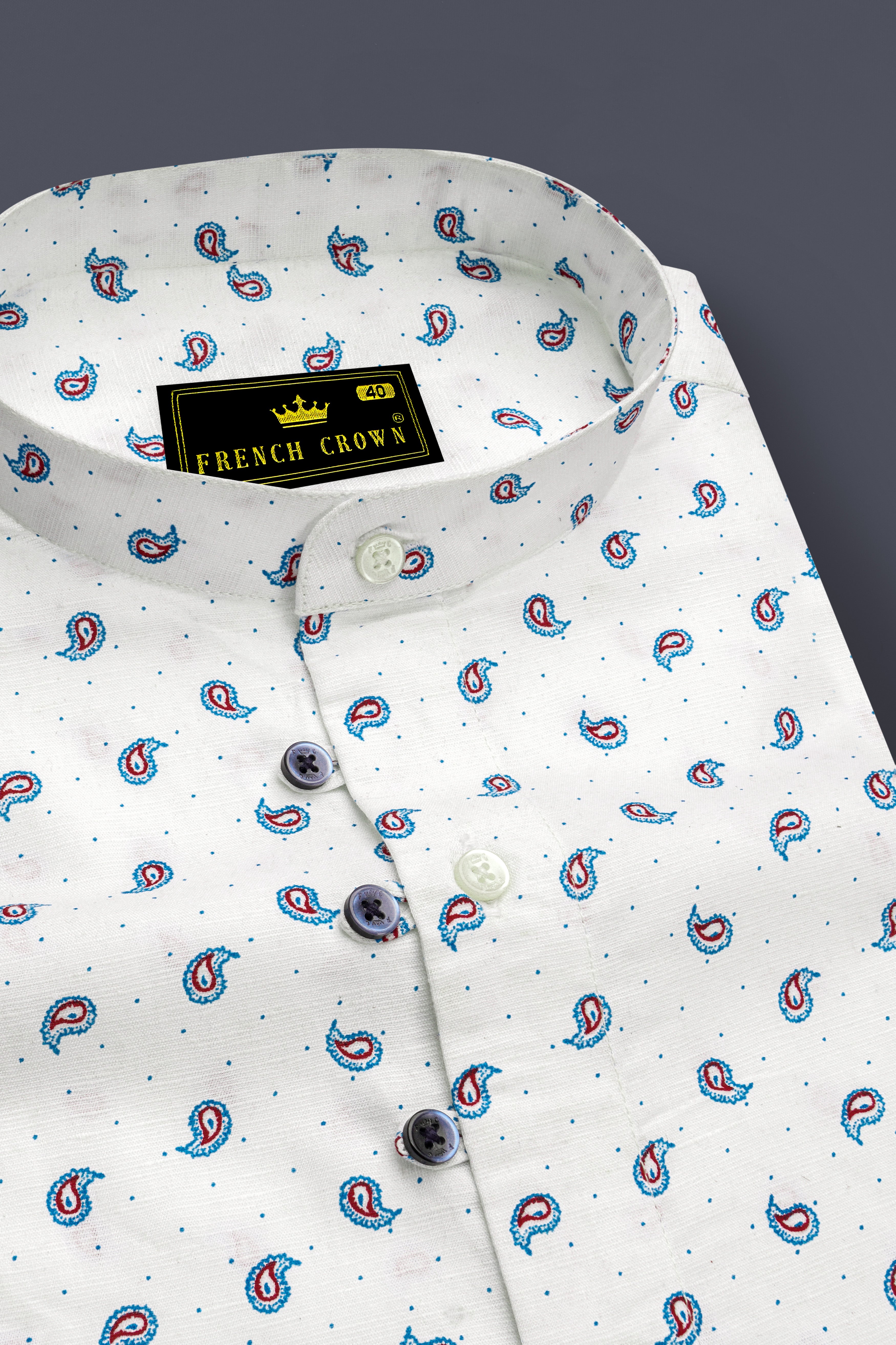 Bright White with Paisley Textured Luxurious Linen Shirt