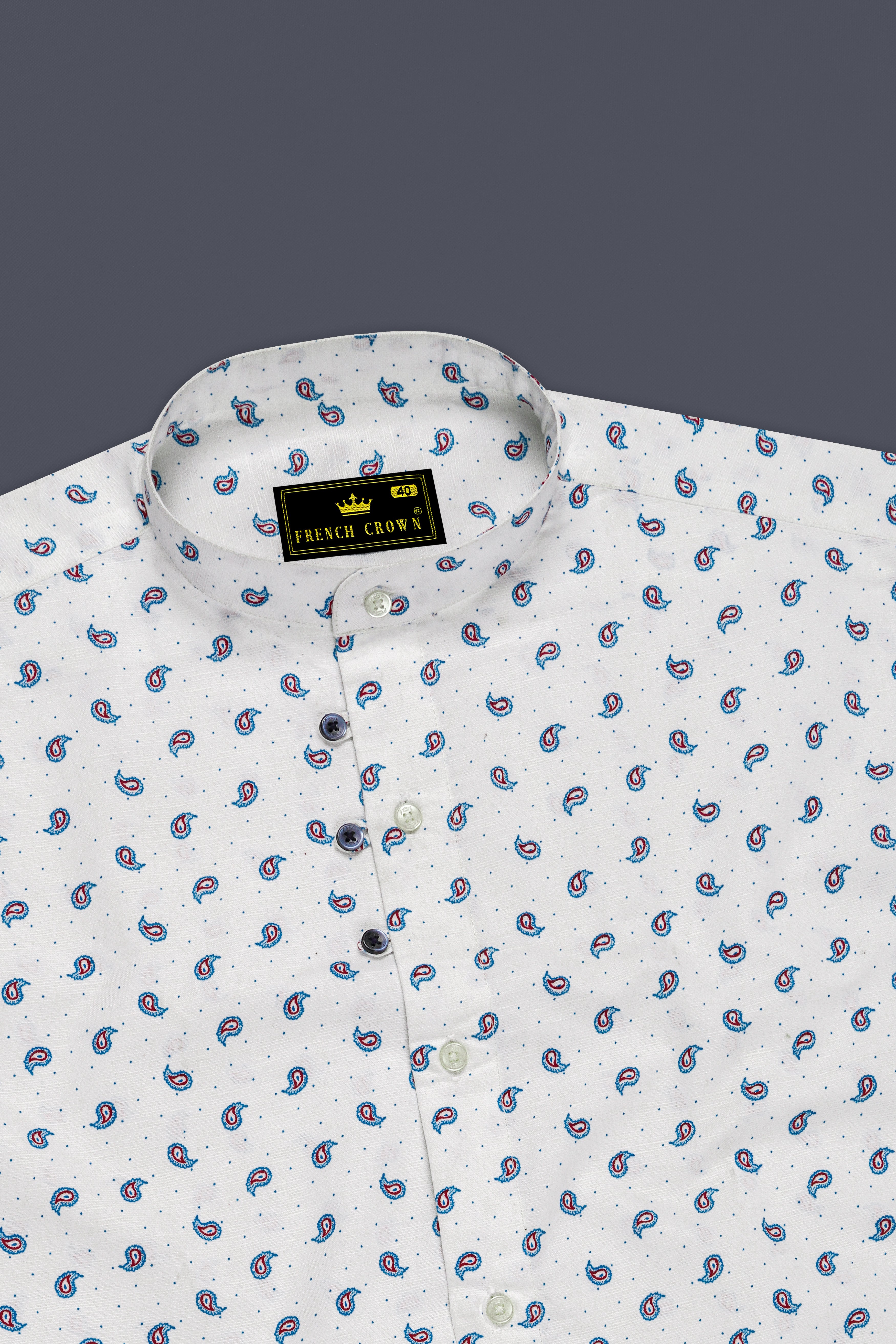 Bright White with Paisley Textured Luxurious Linen Shirt