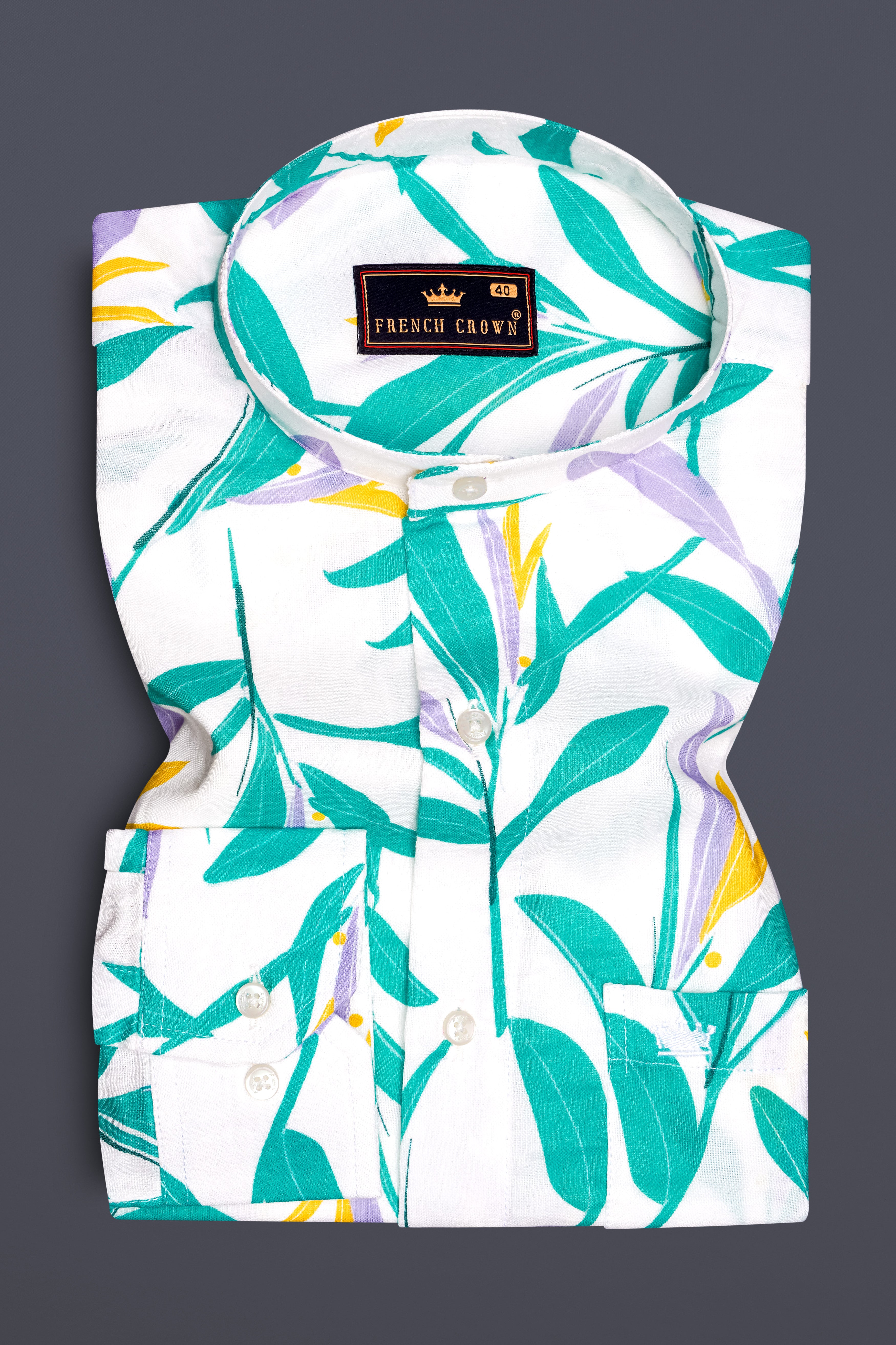 Bright White with Multicolour Leaves Printed Royal Oxford Shirt