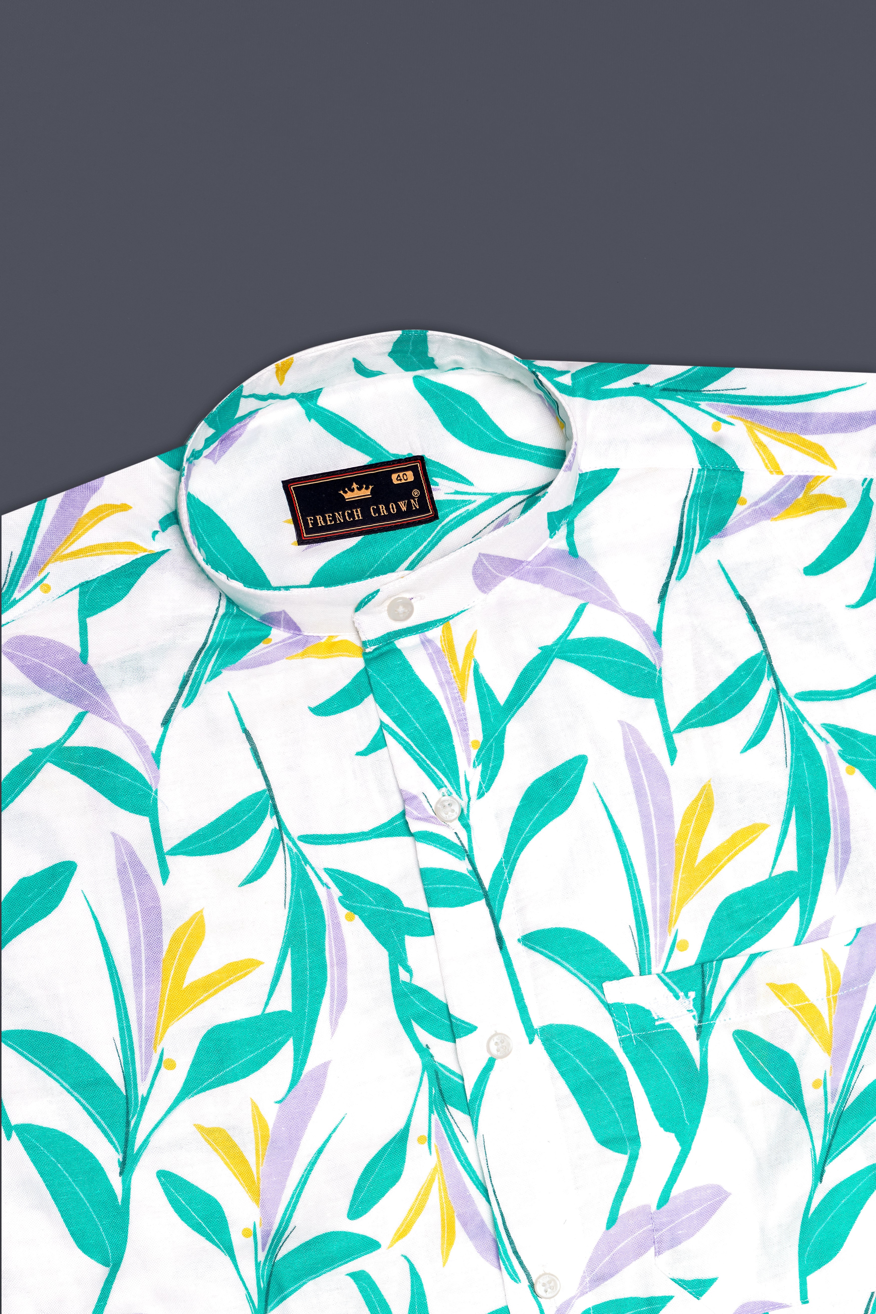 Bright White with Multicolour Leaves Printed Royal Oxford Shirt