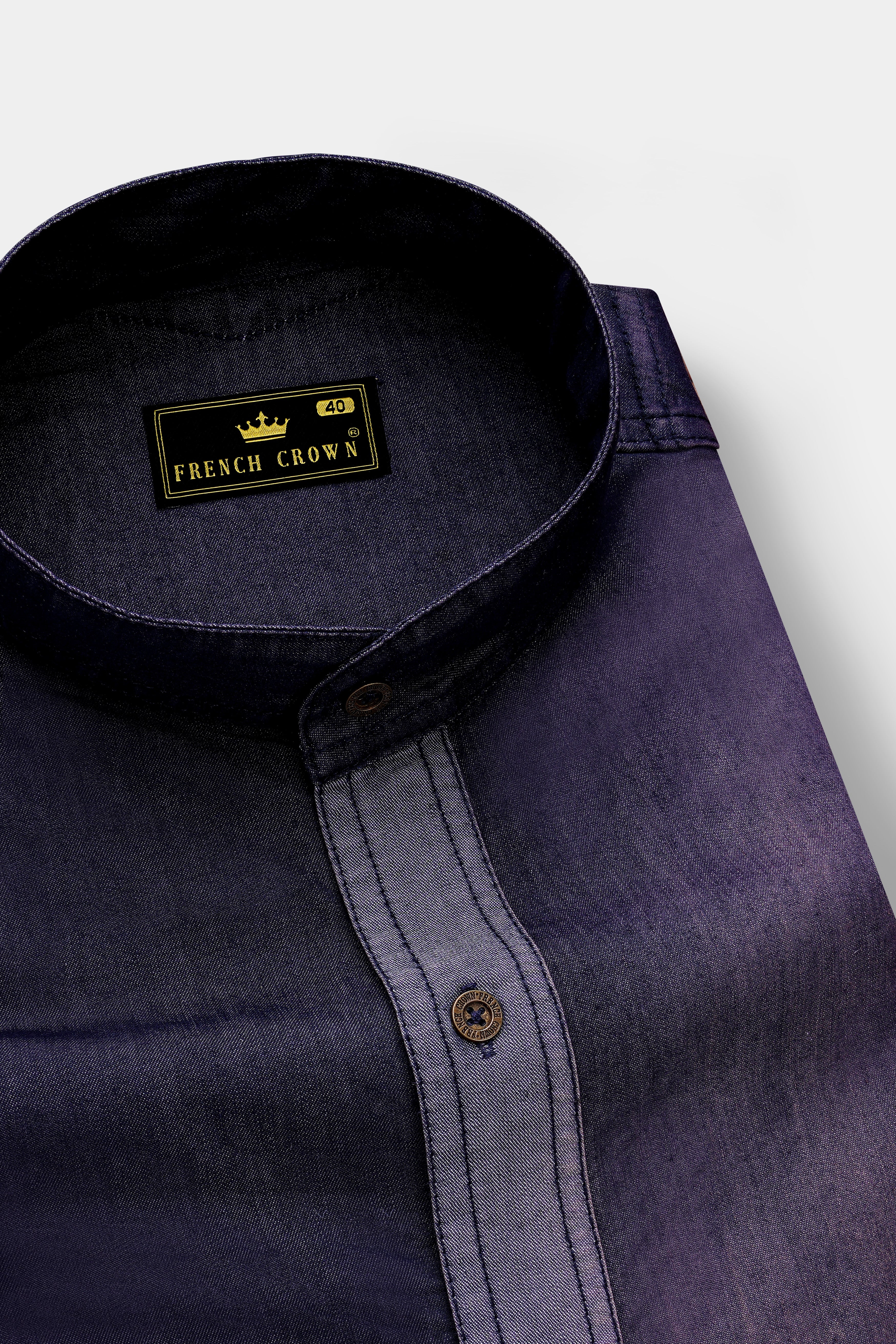 Bunting Blue with Opium Rusted Denim Designer Shirt With Leather Patch Work