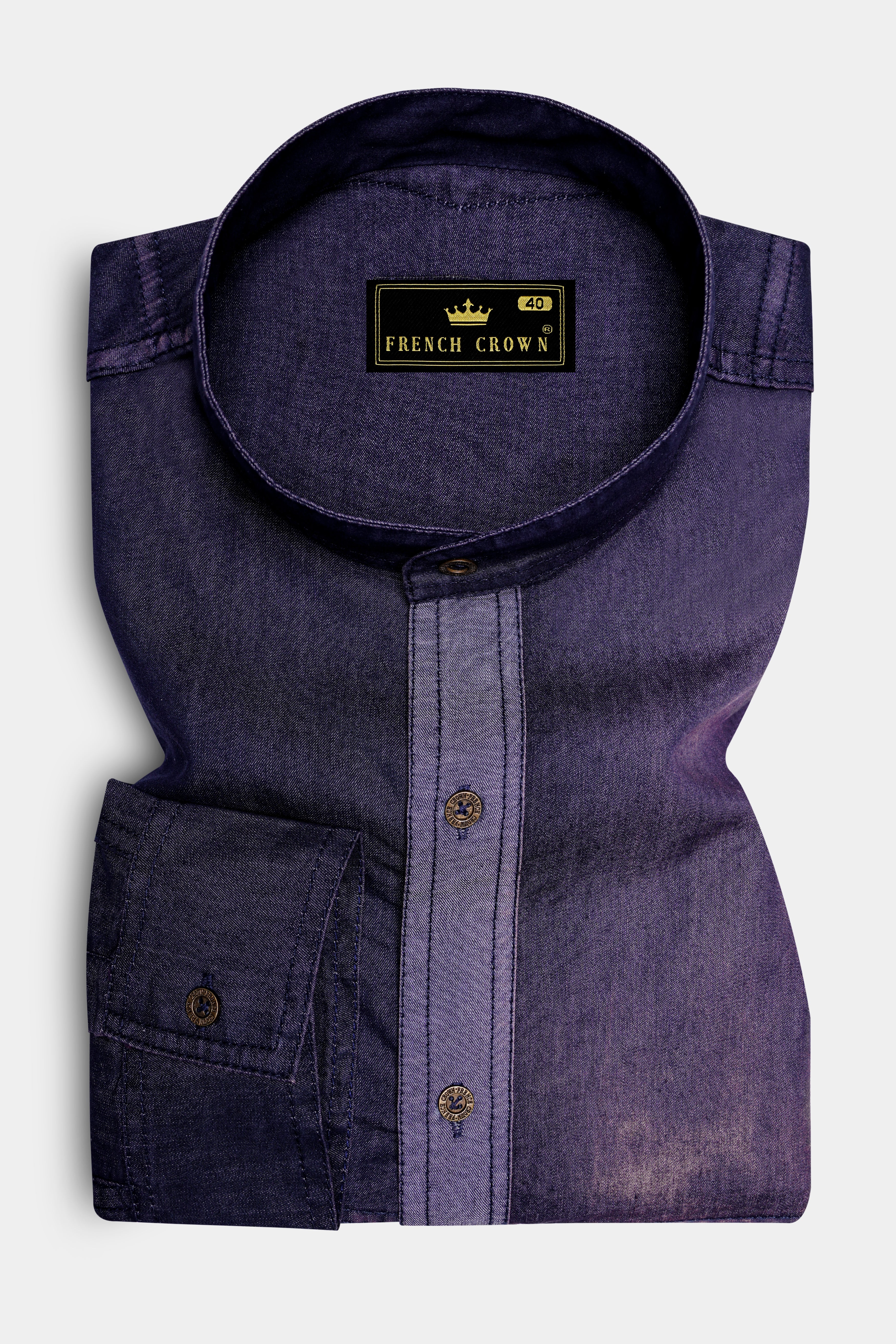 Bunting Blue with Opium Rusted Denim Designer Shirt With Leather Patch Work