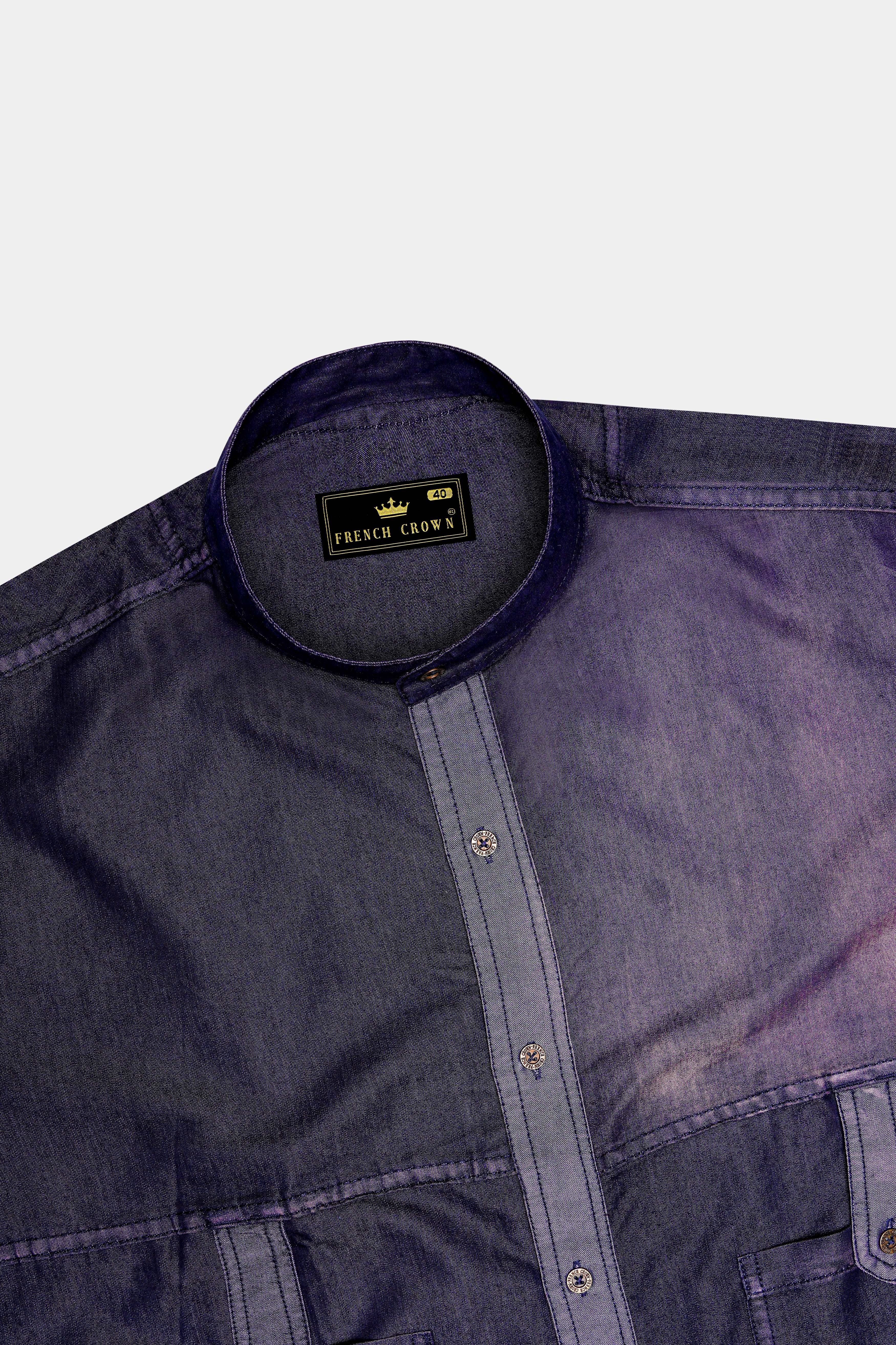 Bunting Blue with Opium Rusted Denim Designer Shirt With Leather Patch Work