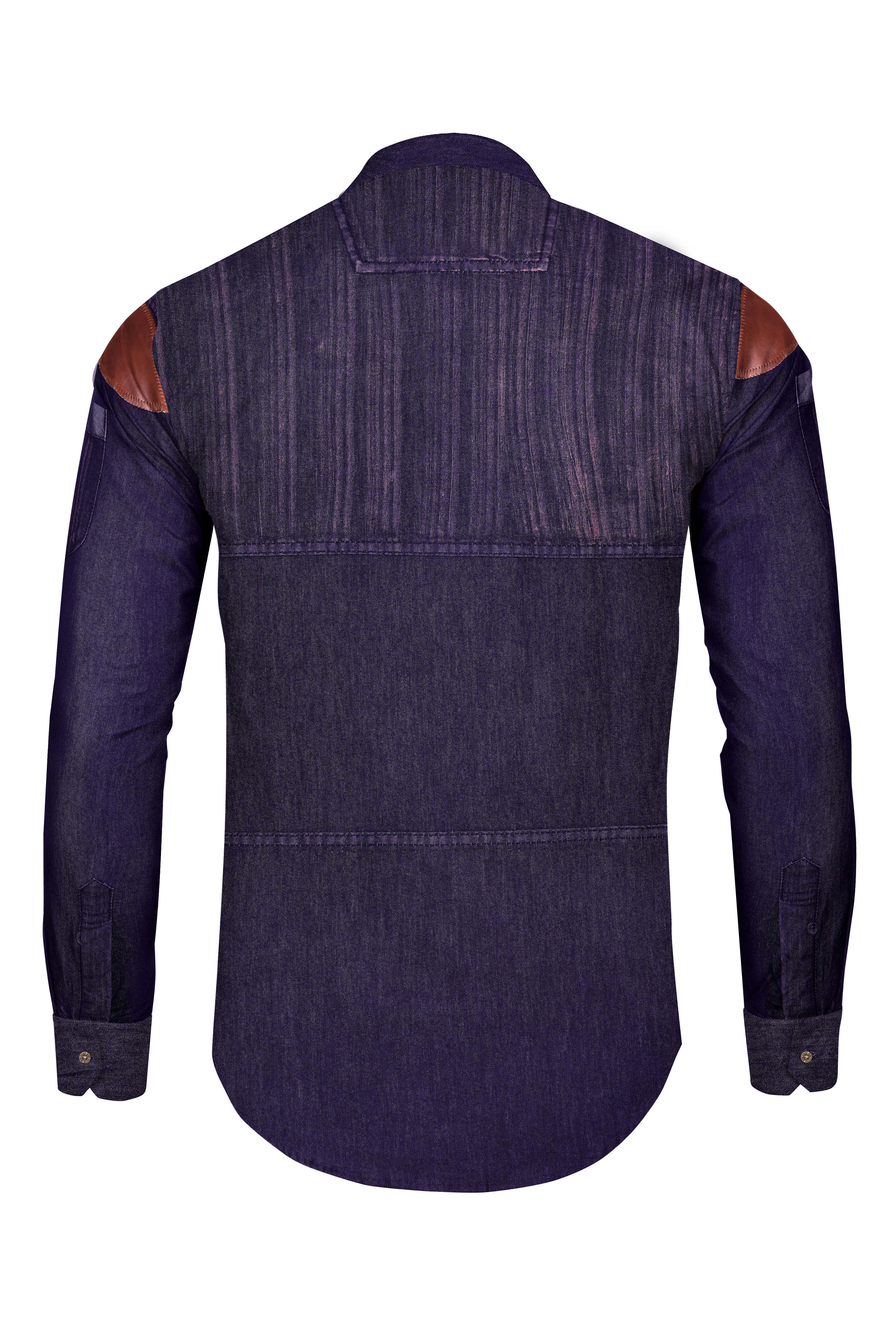 Bunting Blue with Opium Rusted Denim Designer Shirt With Leather Patch Work