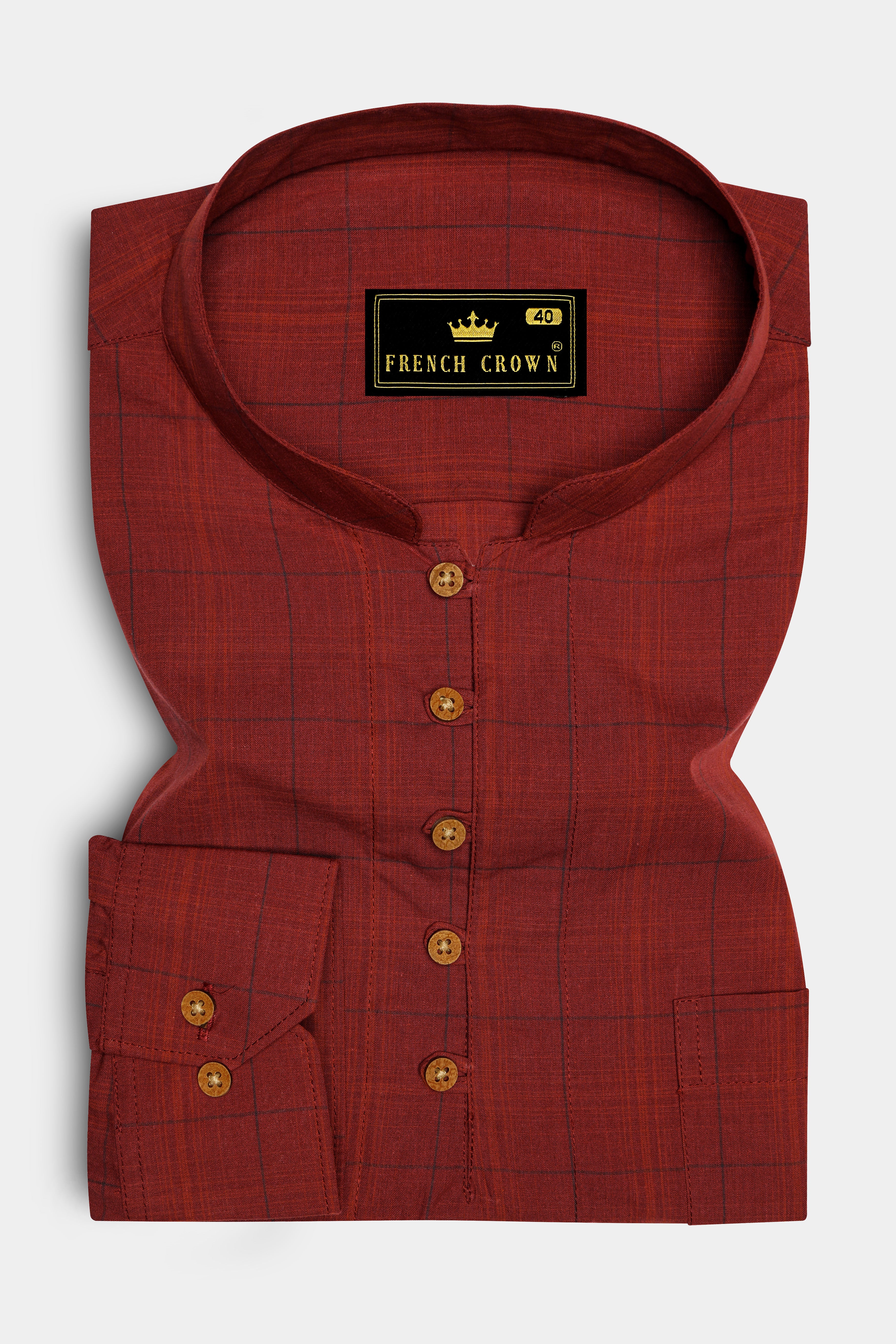 Lotus Red Plaid Premium Cotton Kurta Shirt