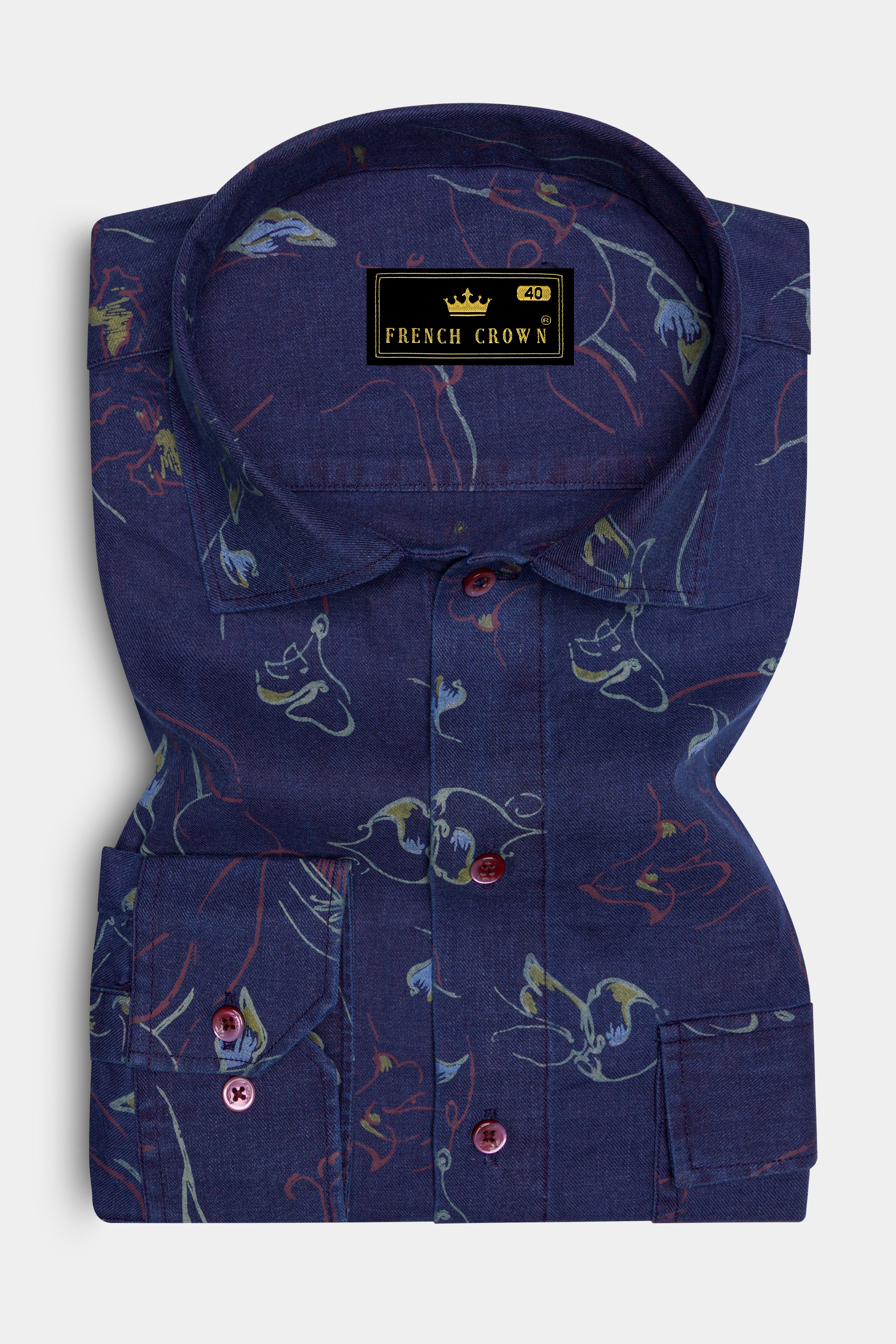 Martinique Blue Floral Textured Denim Designer Shirt