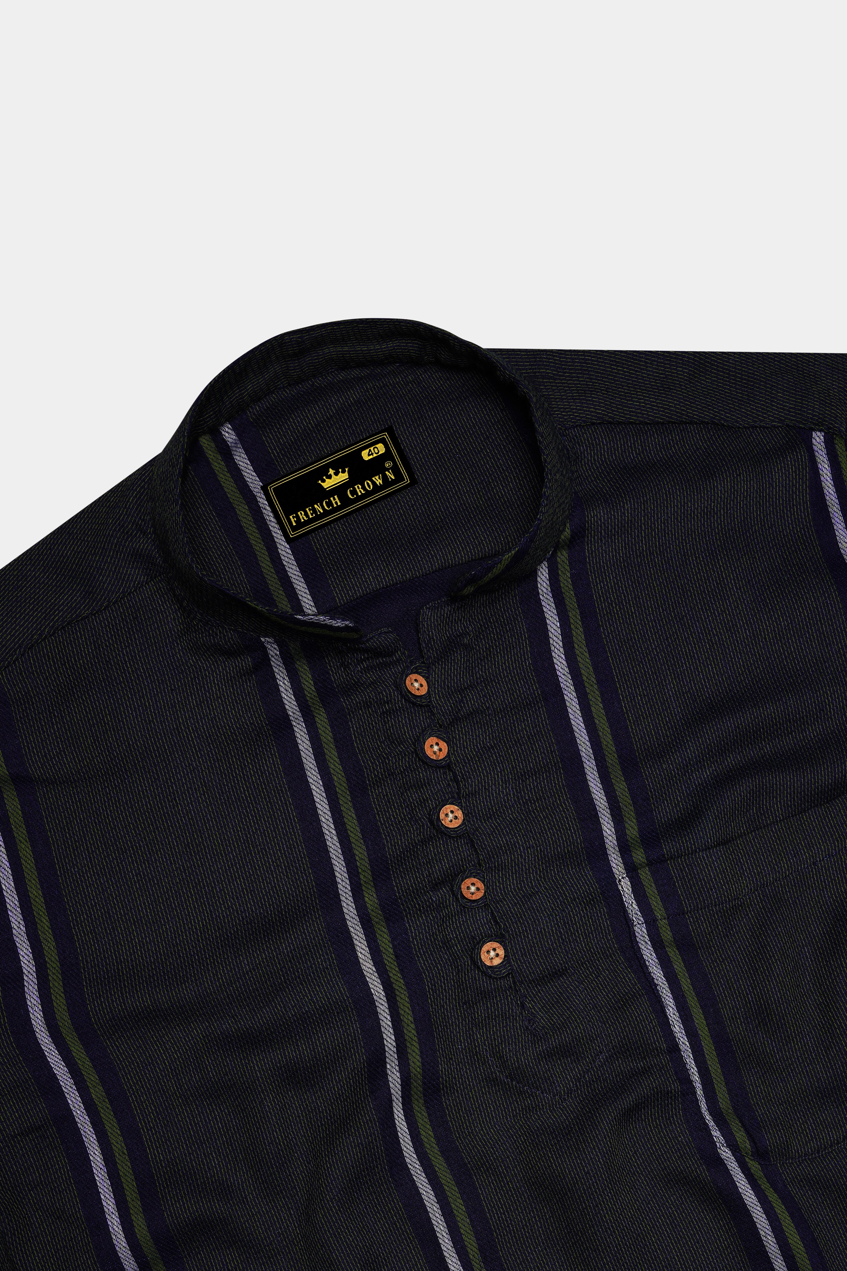 Gunmetal Gray with Cloud Burst Blue Multicolour Striped Dobby Textured Kurta Shirt