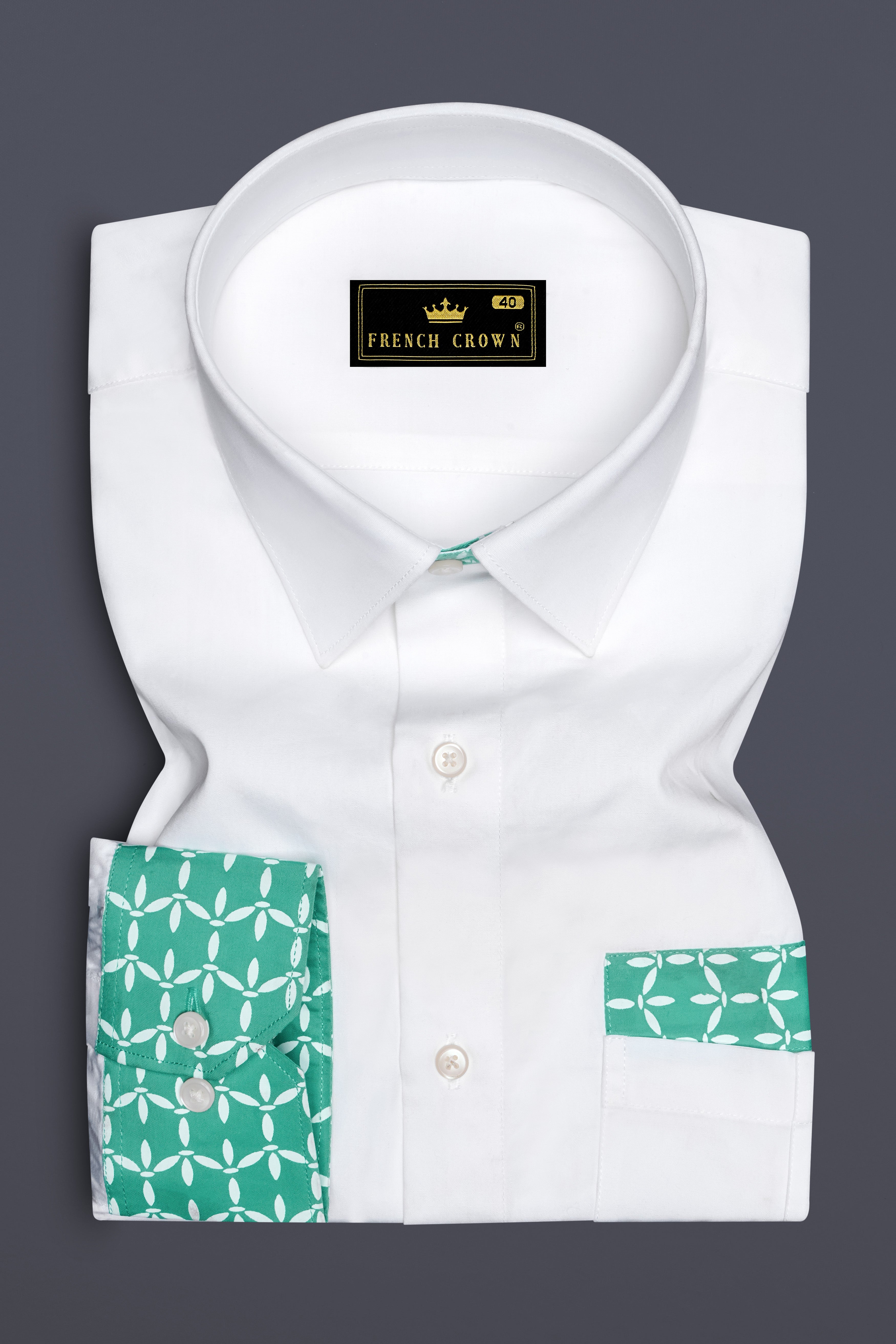 Bright White with Cascade Green Printed Premium Cotton Designer Shirt