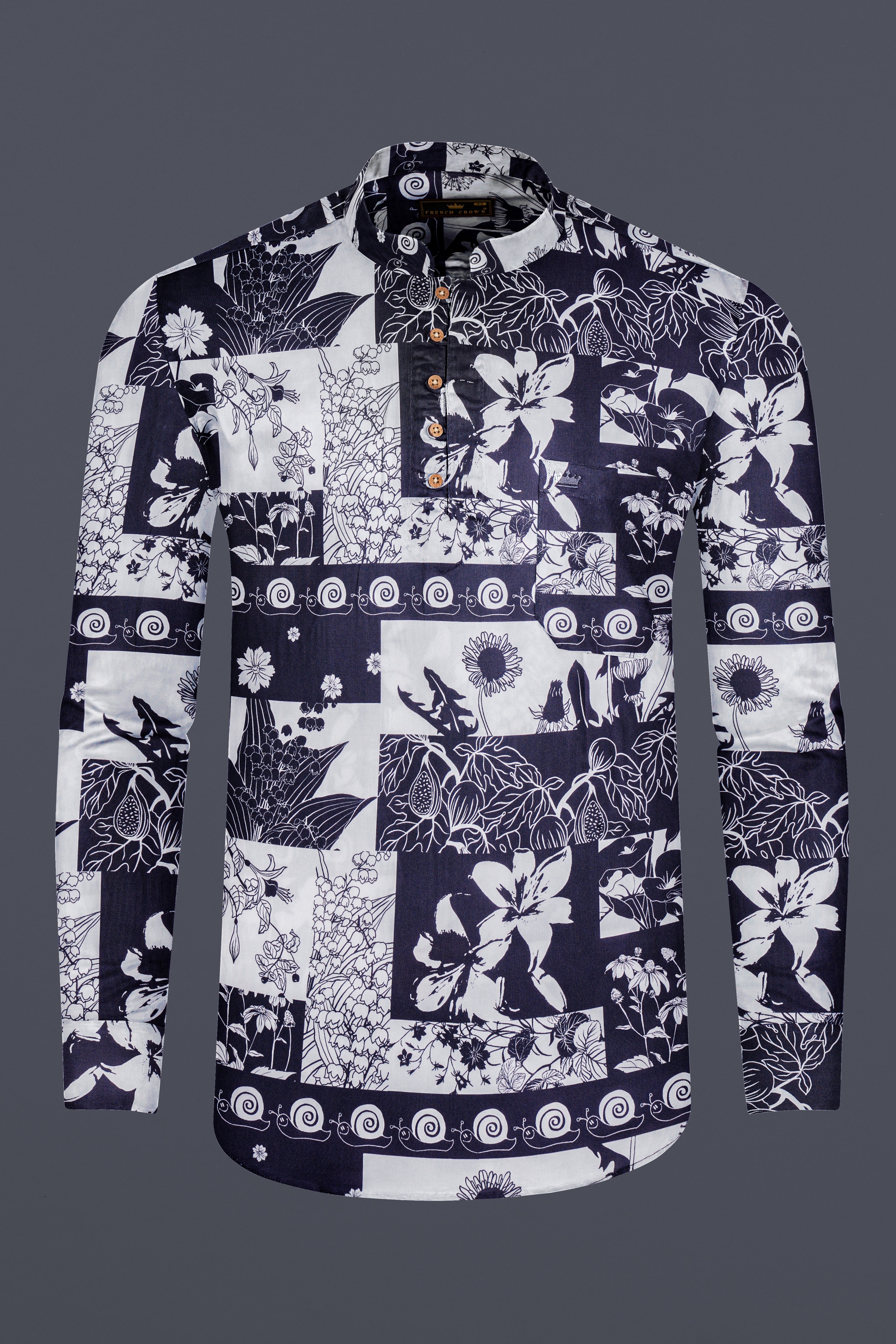 Tuatara Gray and White Floral Printed Twill Premium Cotton Kurta Shirt