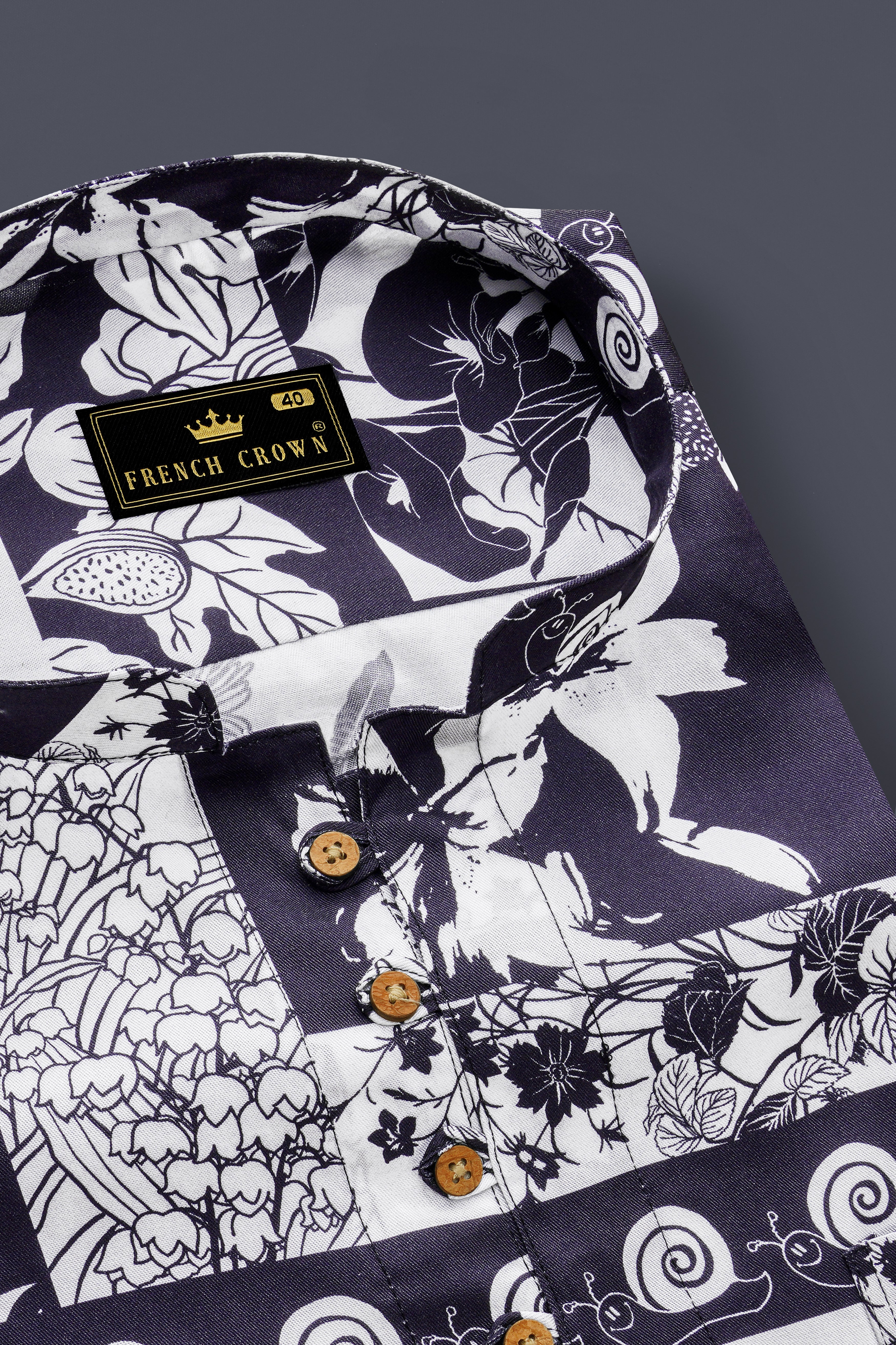 Tuatara Gray and White Floral Printed Twill Premium Cotton Kurta Shirt