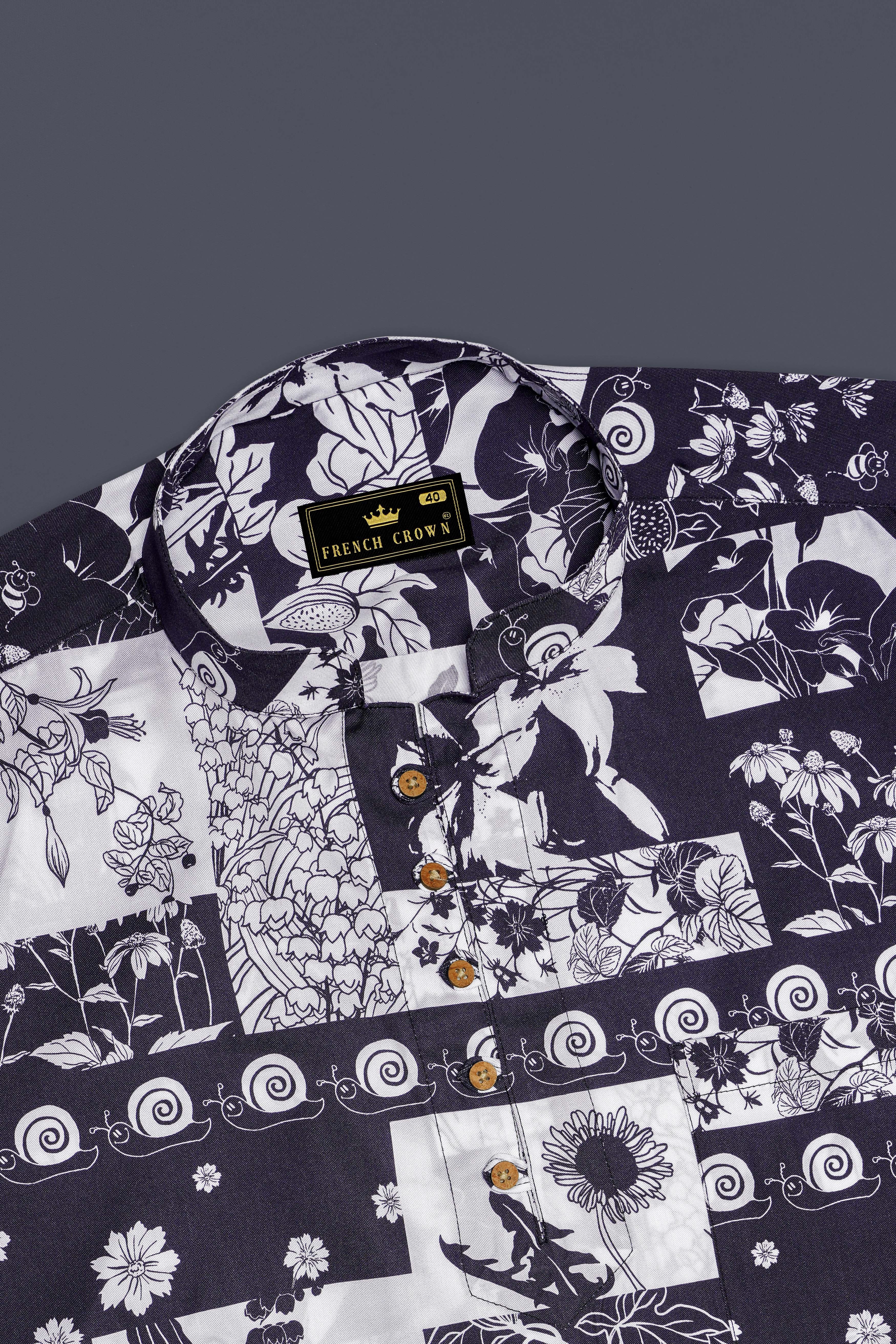 Tuatara Gray and White Floral Printed Twill Premium Cotton Kurta Shirt