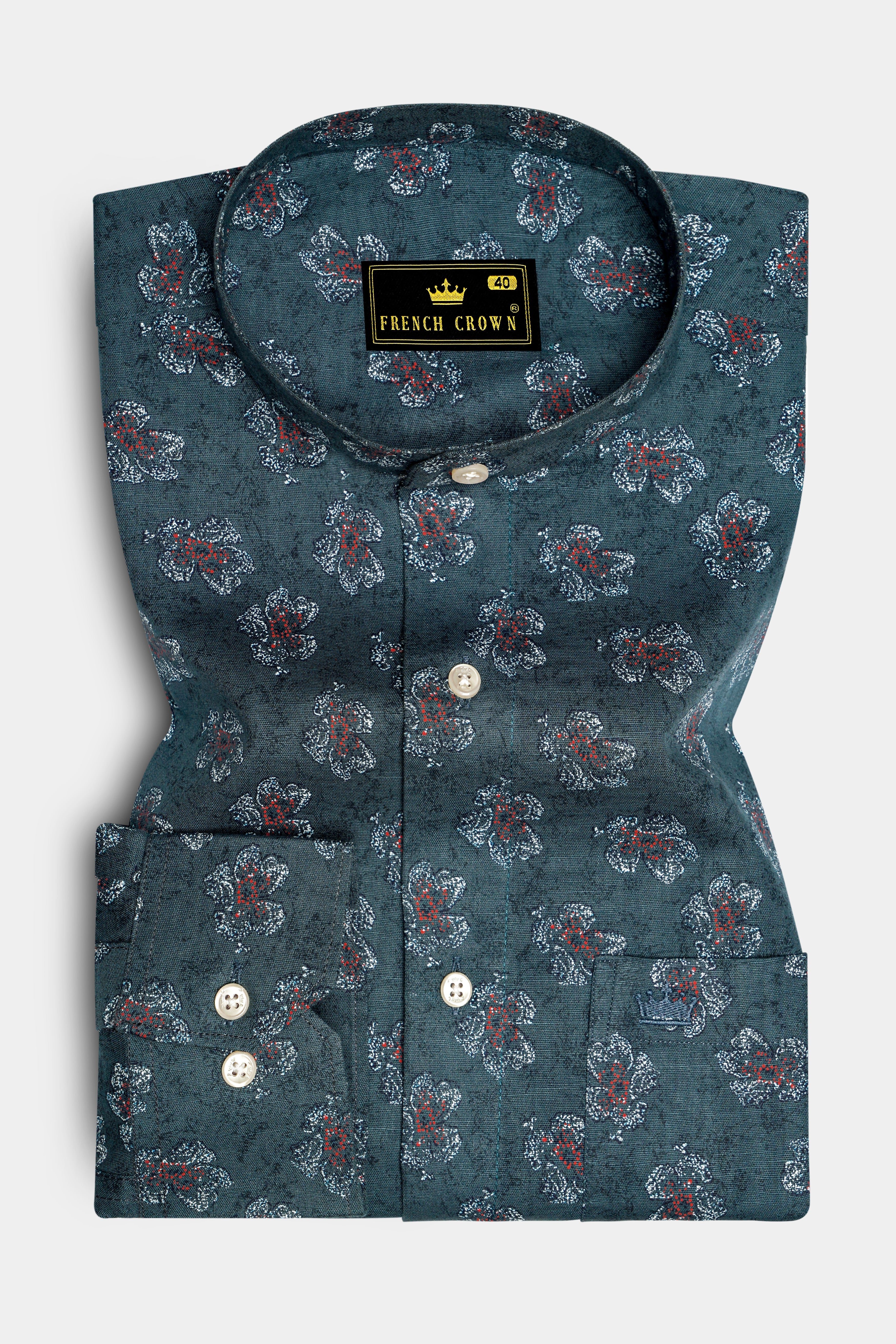 Fuscous Gray With Multicolour Floral Textured Luxurious Linen Shirt