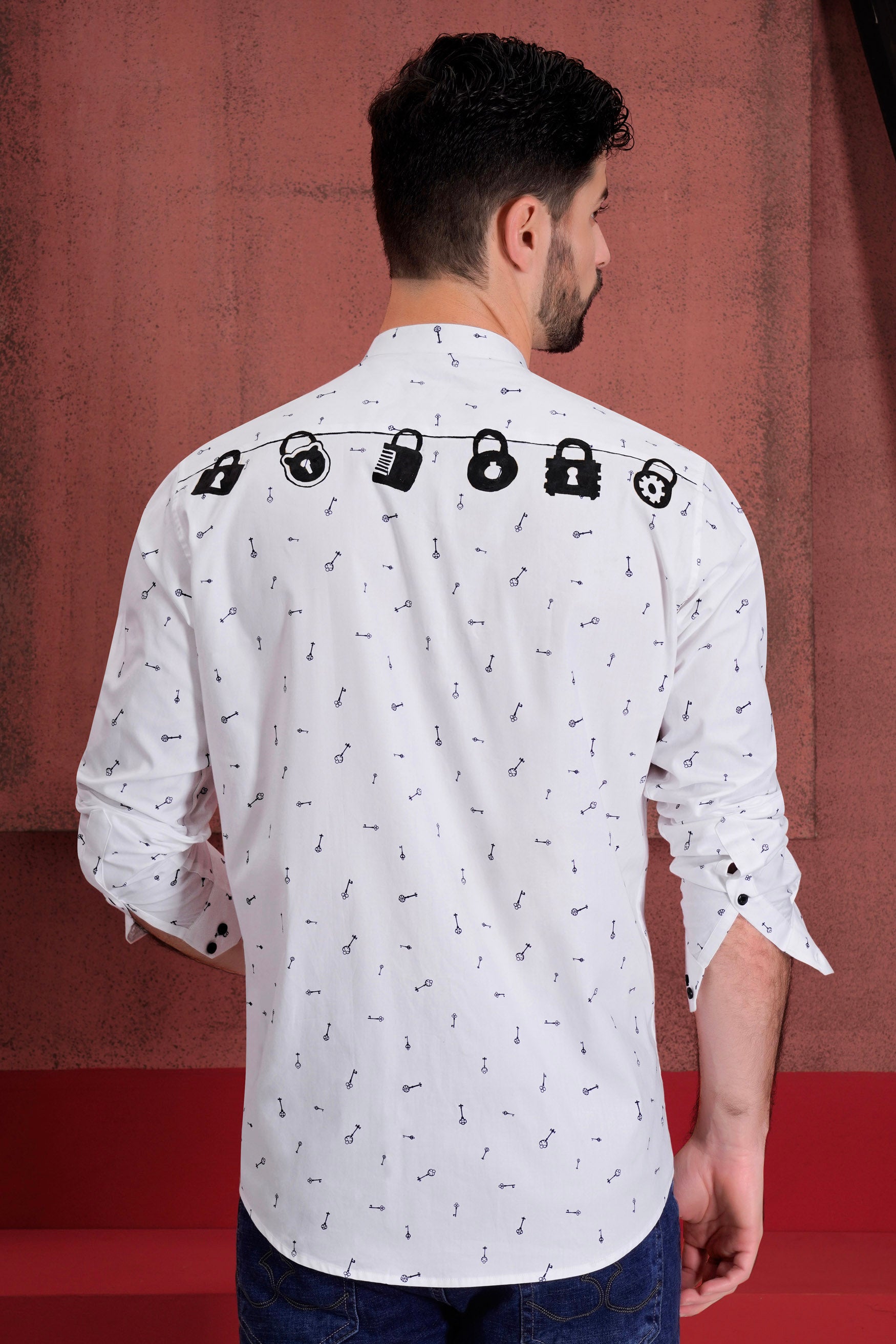 Bright White Keys Printed with Locks Hand Painted Royal Oxford Designer Shirt