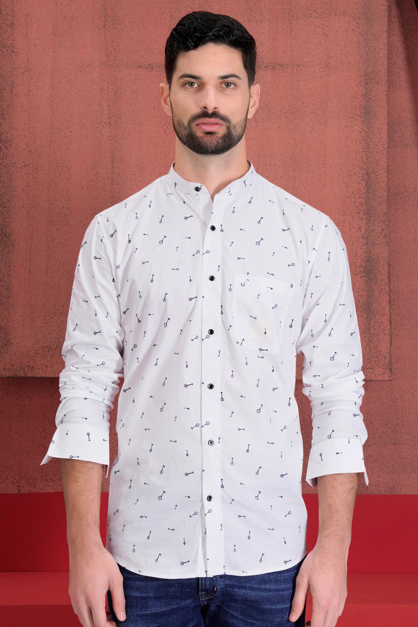 Bright White Keys Printed with Locks Hand Painted Royal Oxford Designer Shirt