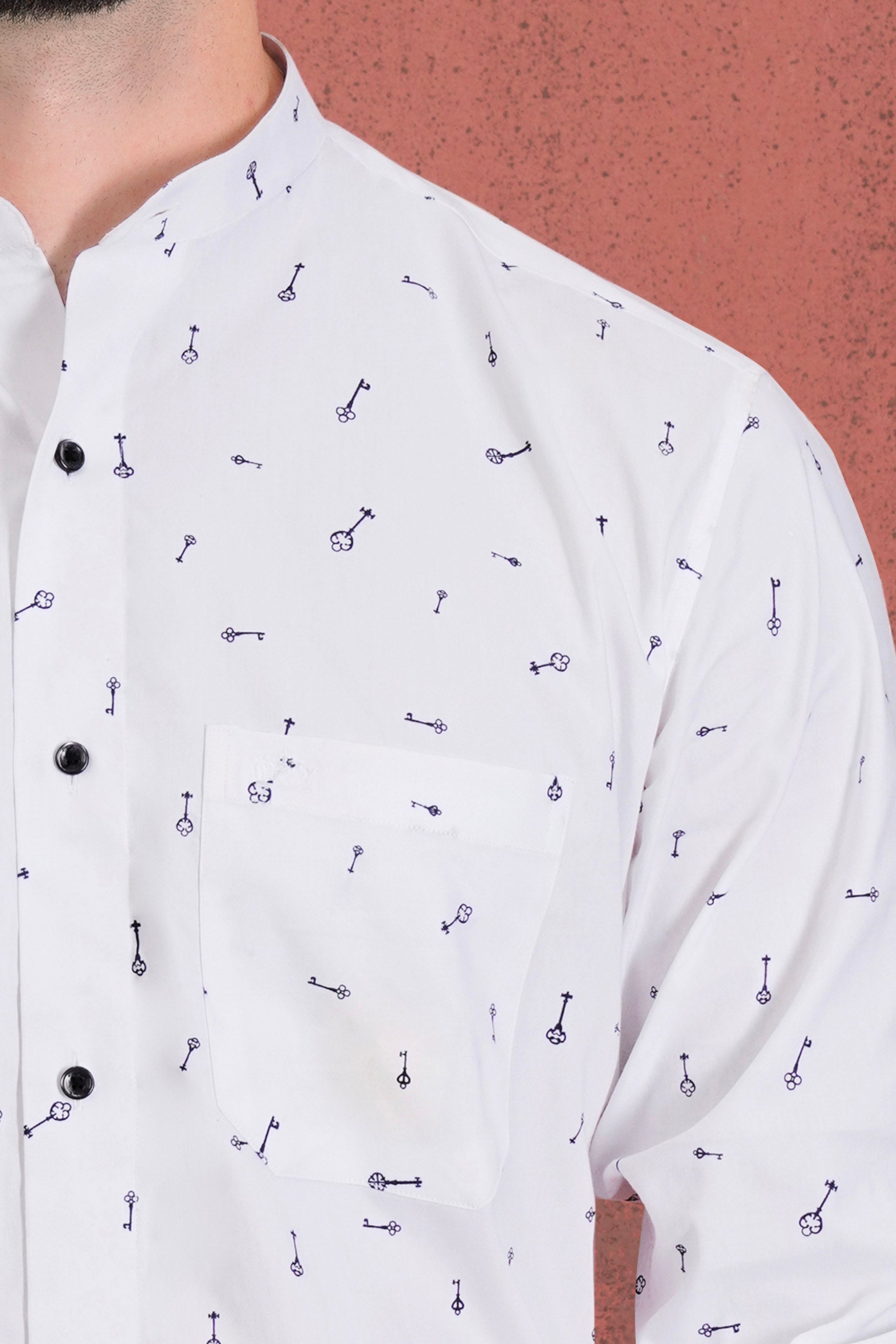 Bright White Keys Printed with Locks Hand Painted Royal Oxford Designer Shirt