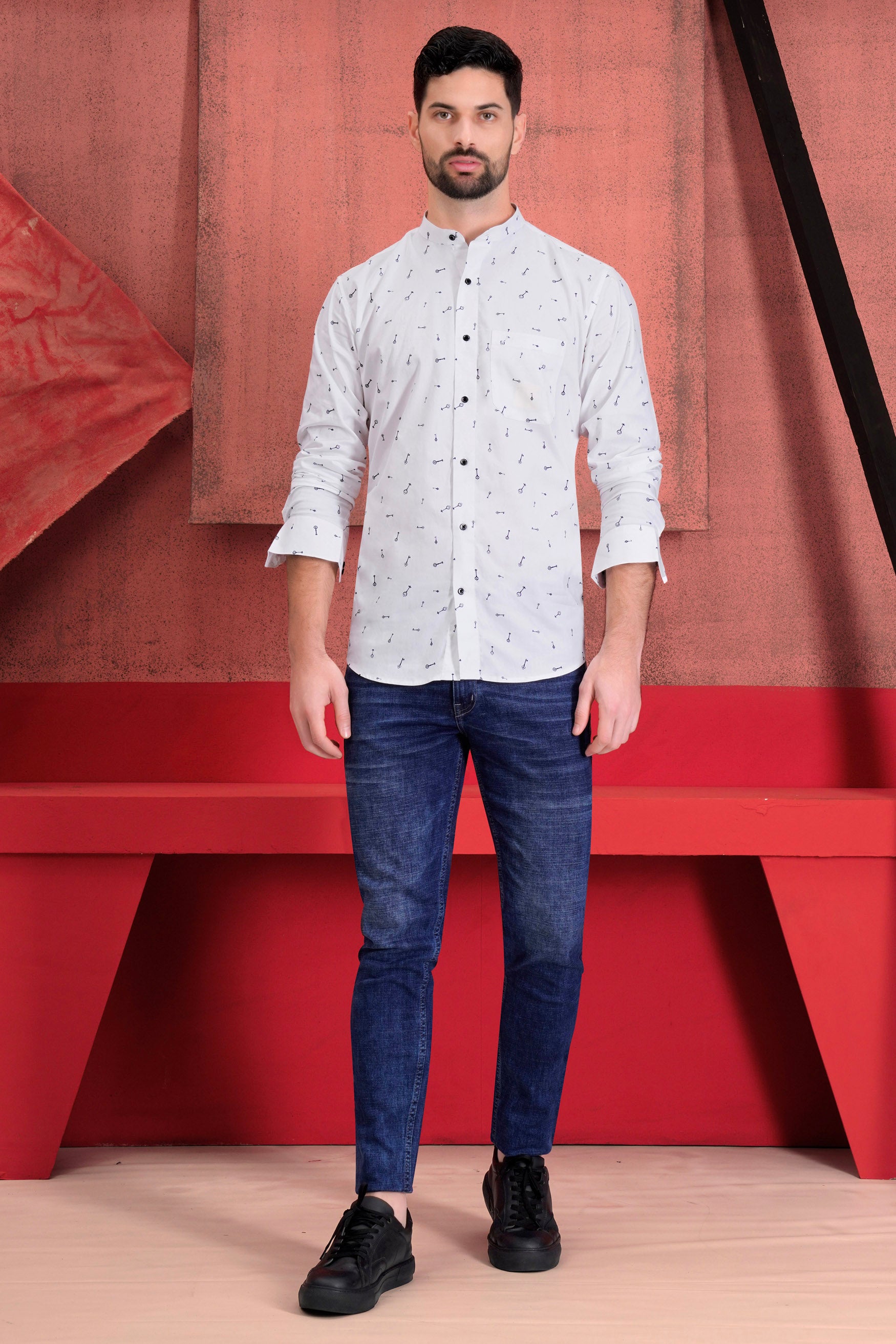 Bright White Keys Printed with Locks Hand Painted Royal Oxford Designer Shirt