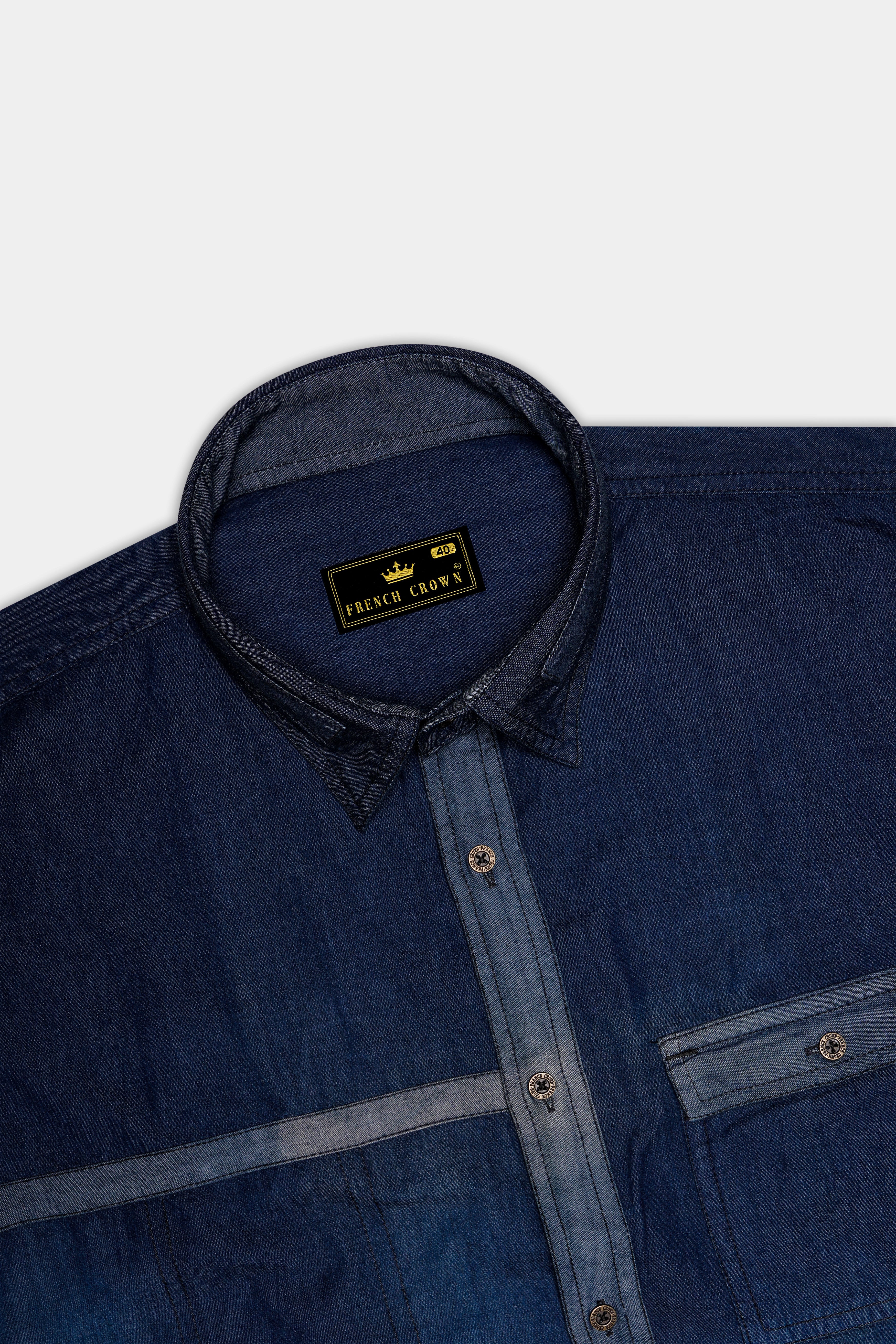 Outer Space Blue with Brown Patchwork Chambray Denim Designer Shirt