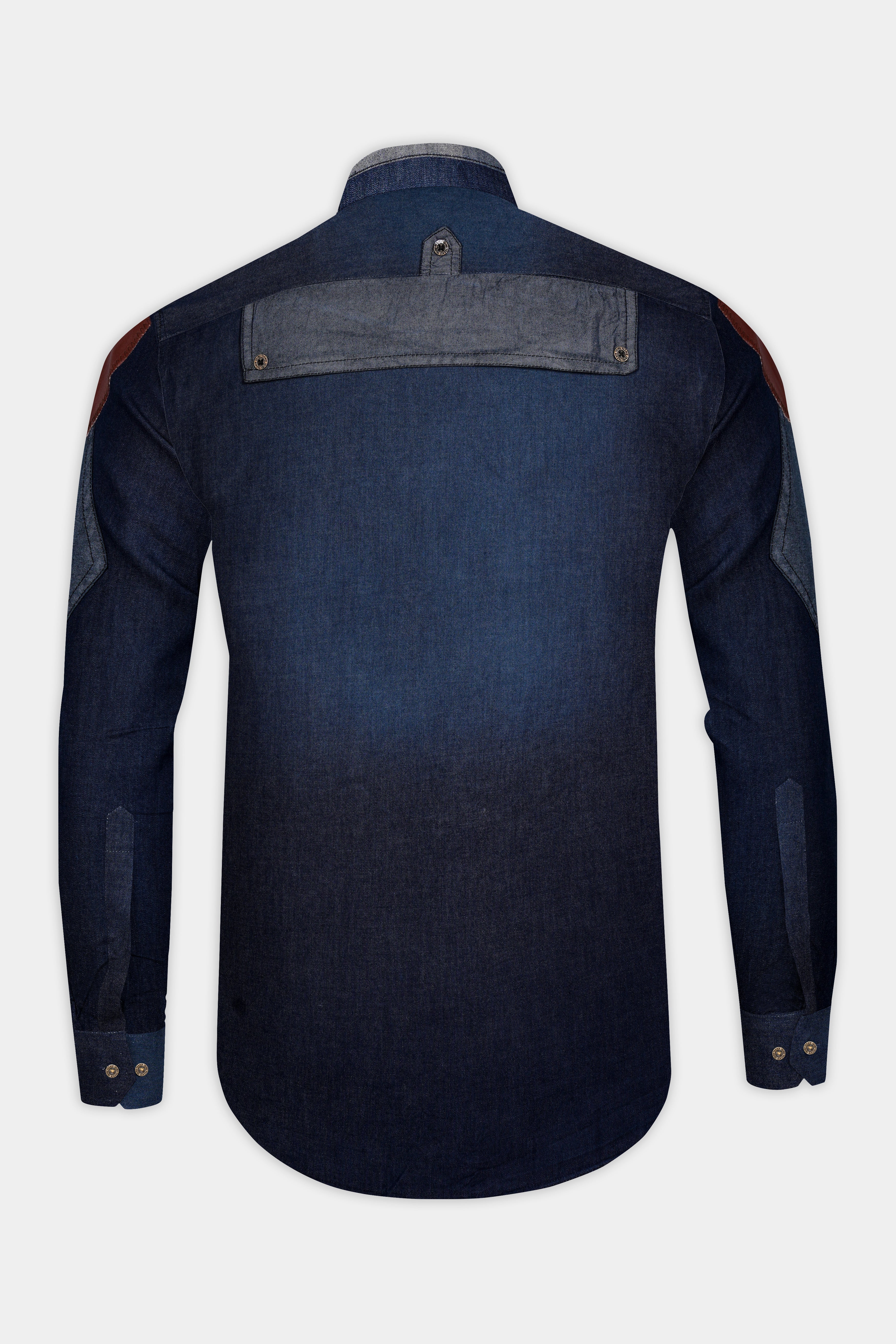 Outer Space Blue with Brown Patchwork Chambray Denim Designer Shirt