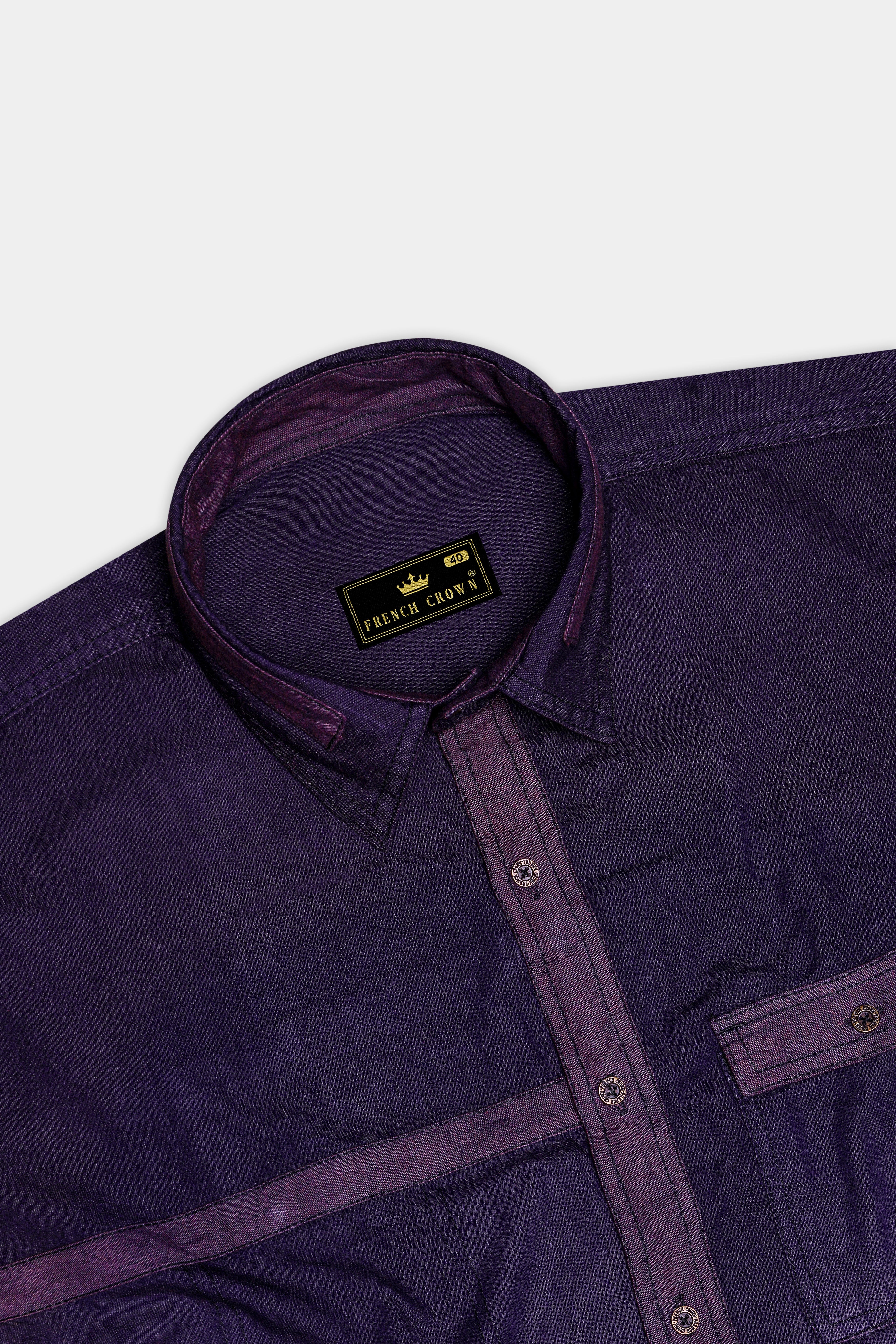 Thunder Purple Chambray Denim Designer Shirt with Brown Patchwork