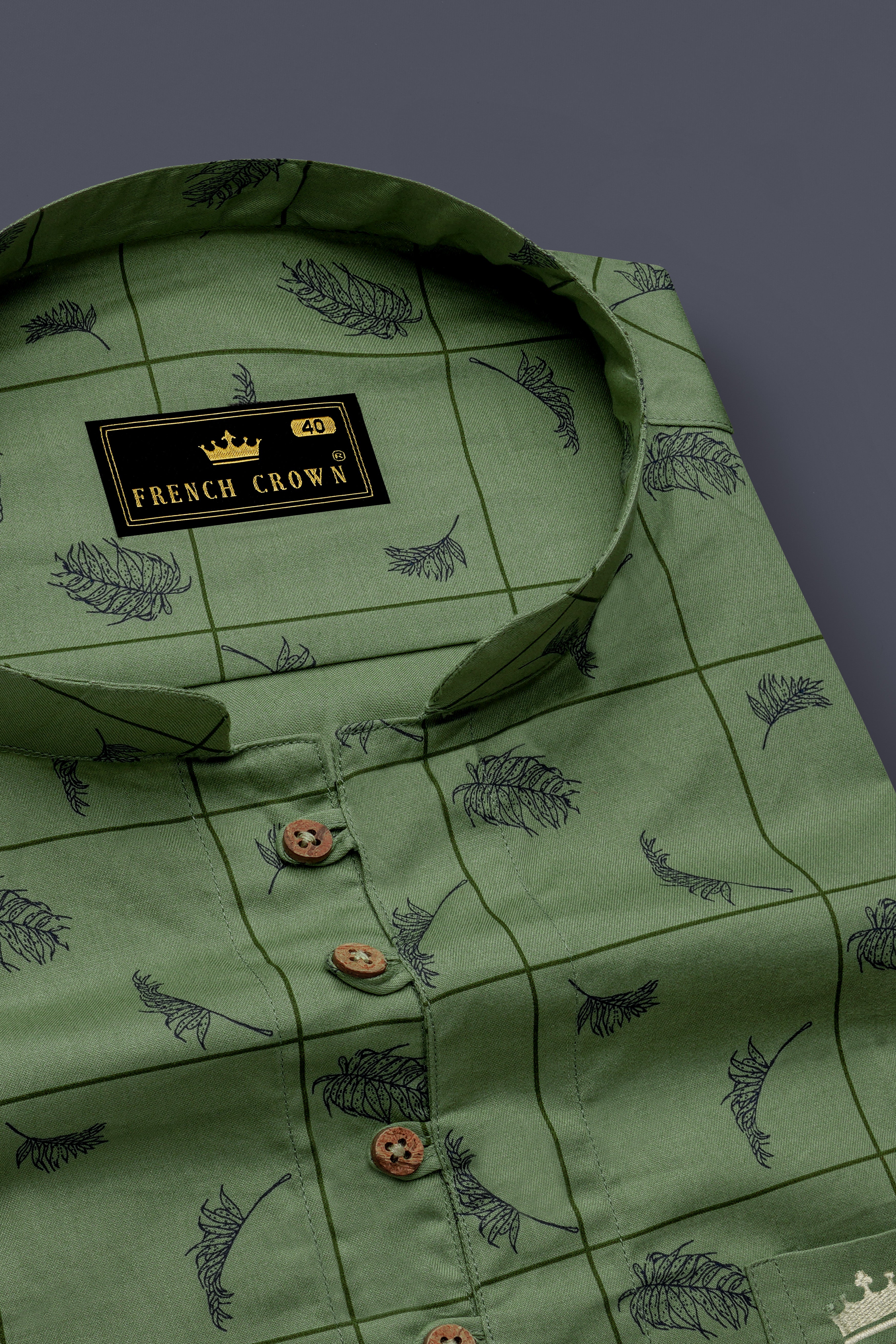 Olivine Green Windowpane with Feather Printed Super Soft Premium Cotton Kurta Shirt