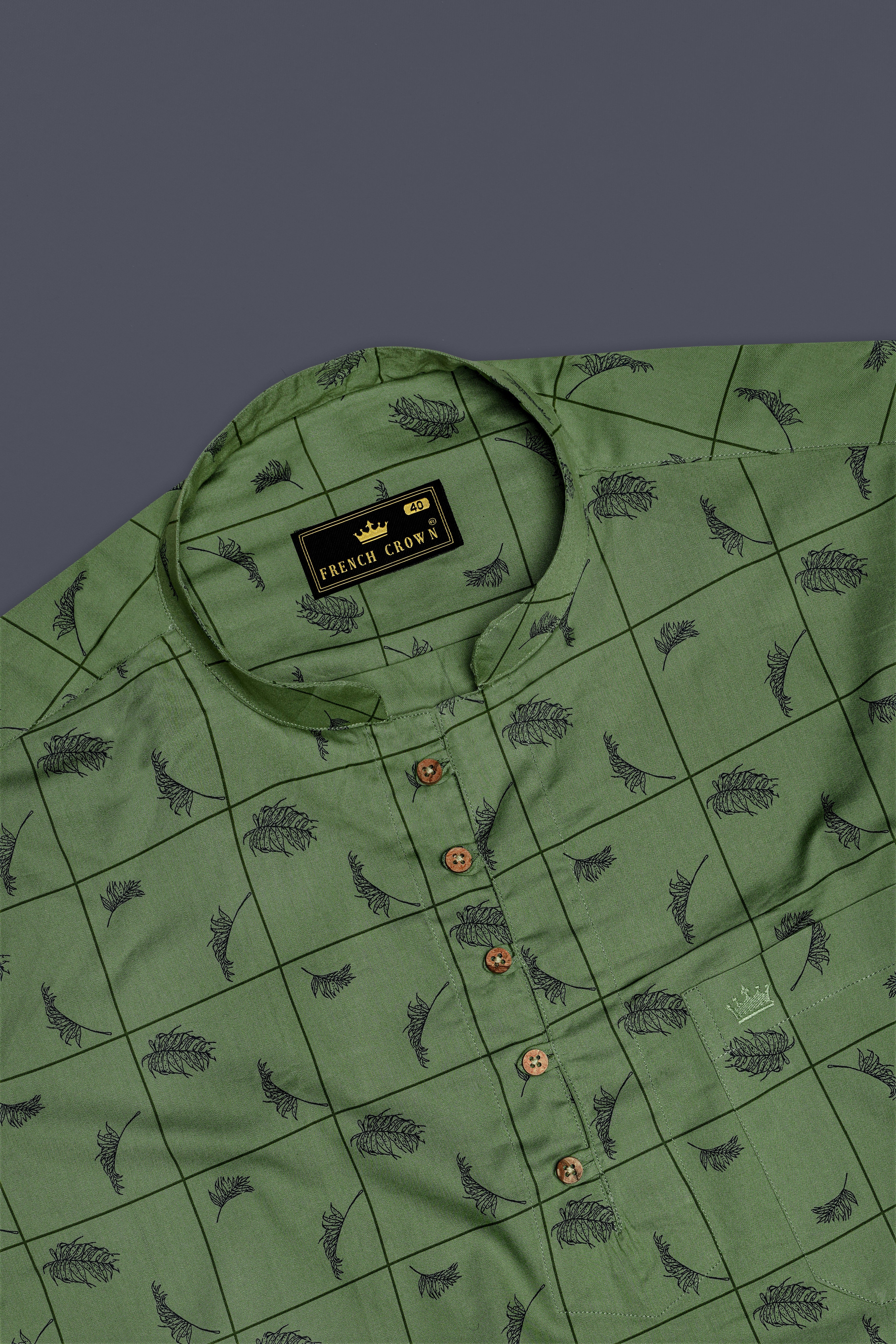 Olivine Green Windowpane with Feather Printed Super Soft Premium Cotton Kurta Shirt