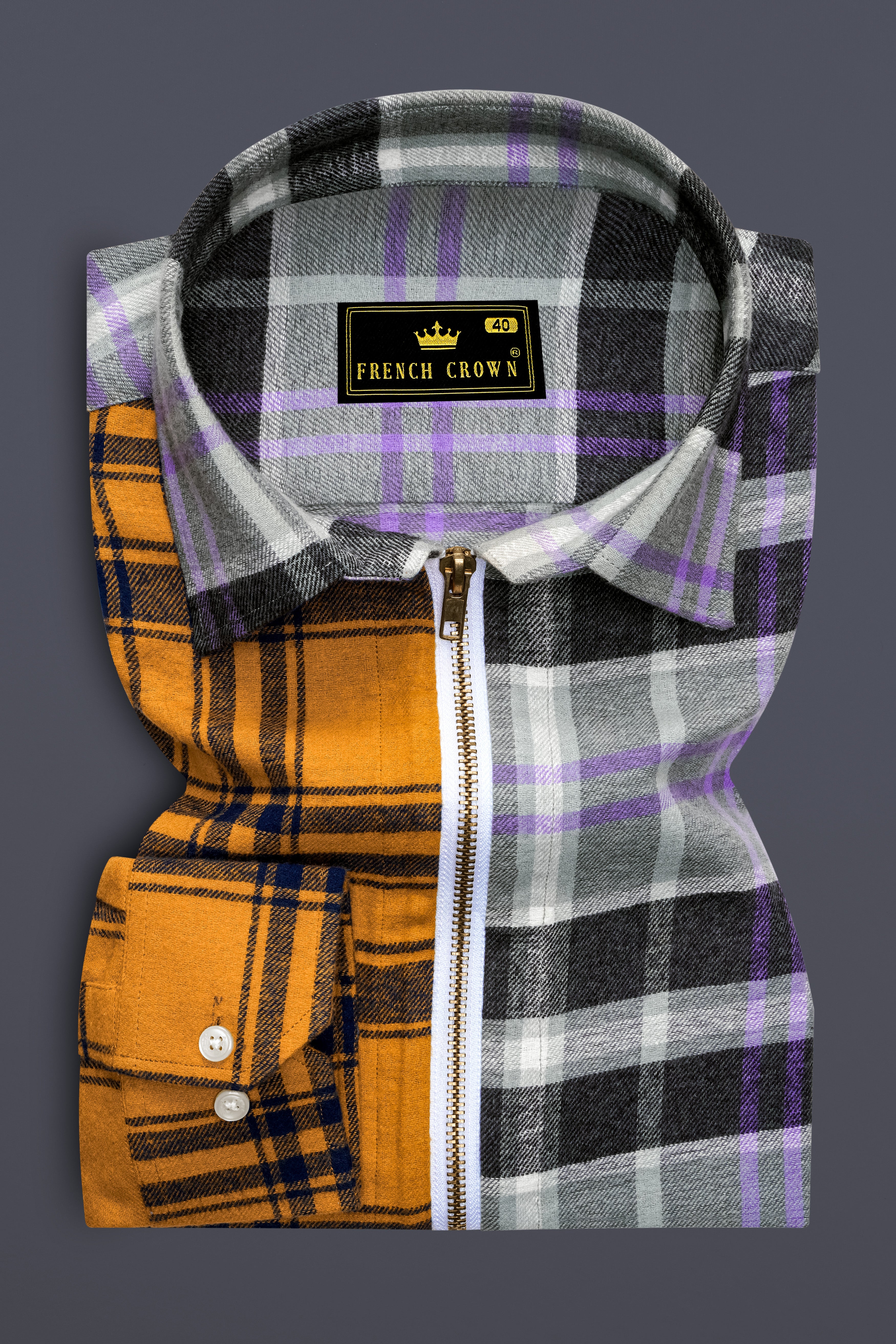 Cadmium Brown with Aluminium Gray Plaid Flannel Designer Overshirt/Shacket