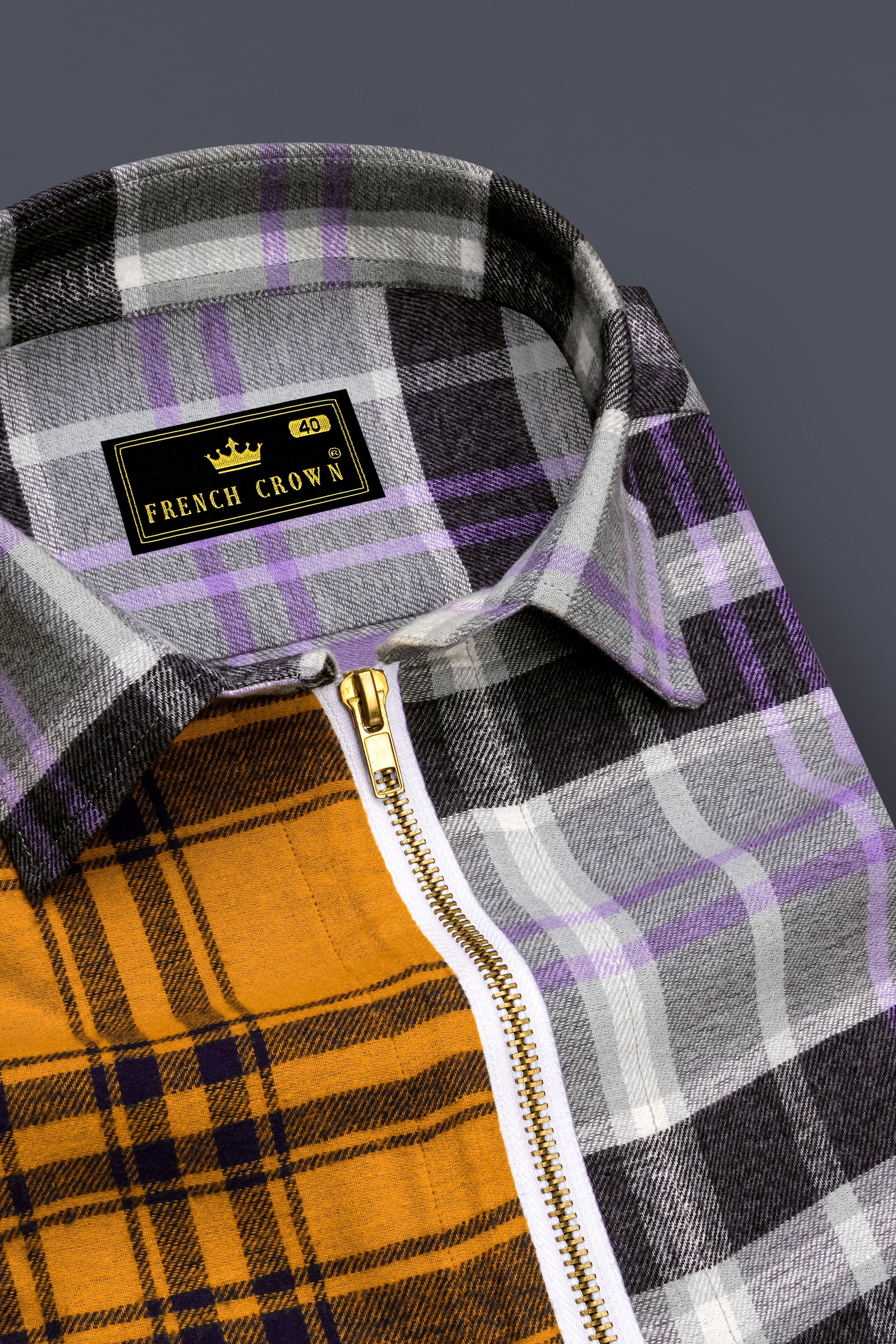 Cadmium Brown with Aluminium Gray Plaid Flannel Designer Overshirt/Shacket