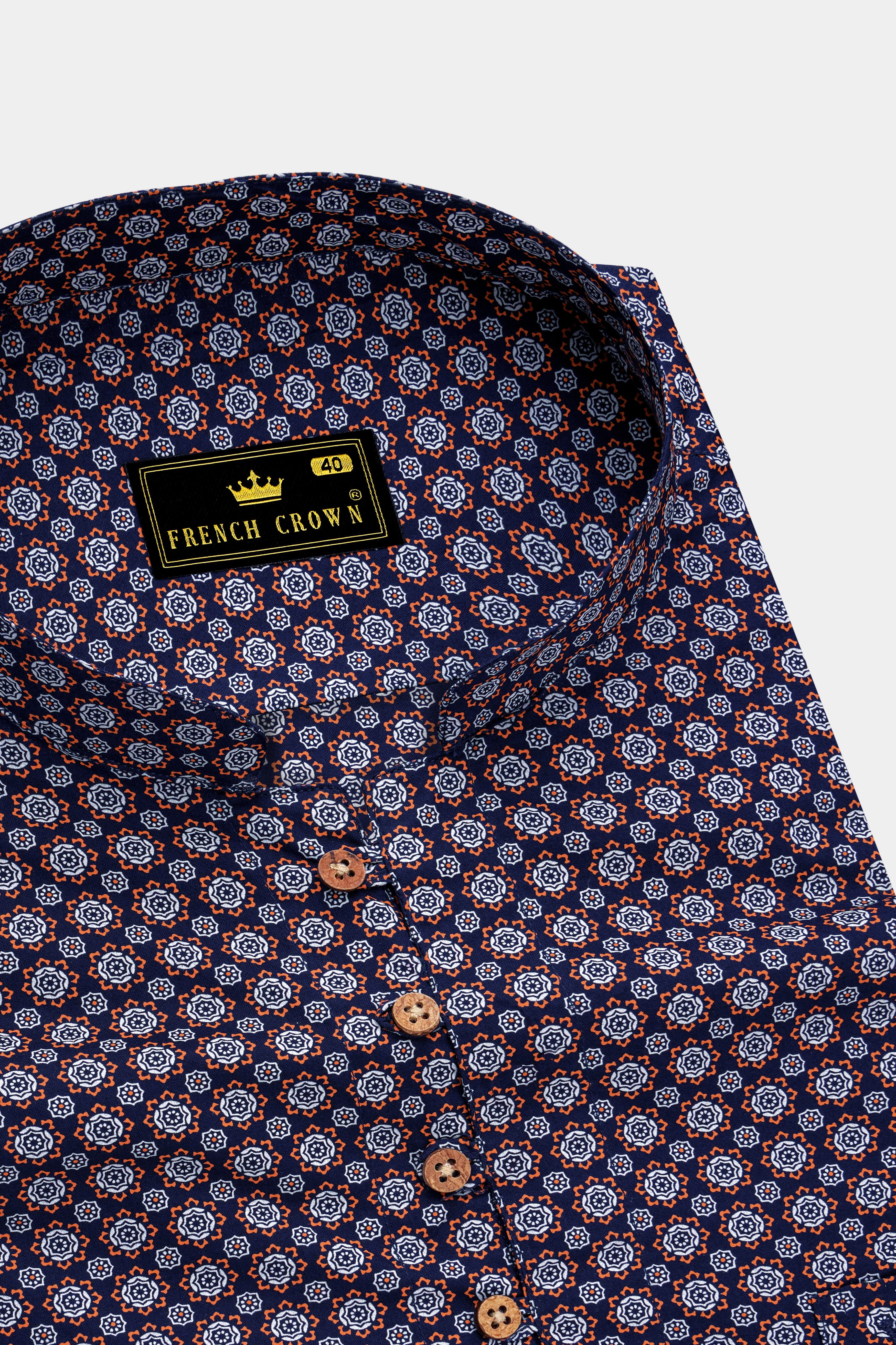 Haiti Blue and Cadmium Orange Printed Royal Oxford Kurta Shirt