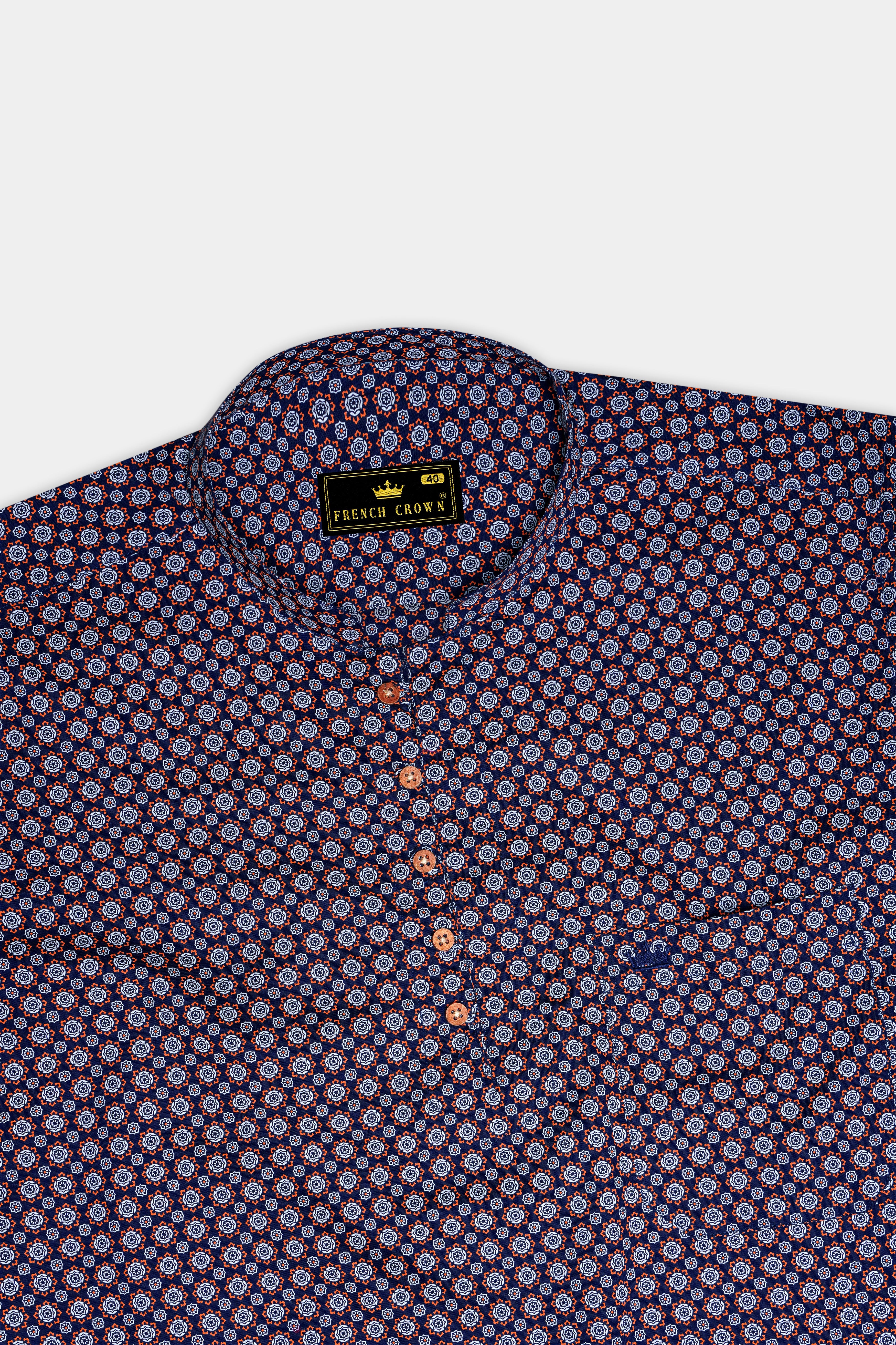 Haiti Blue and Cadmium Orange Printed Royal Oxford Kurta Shirt
