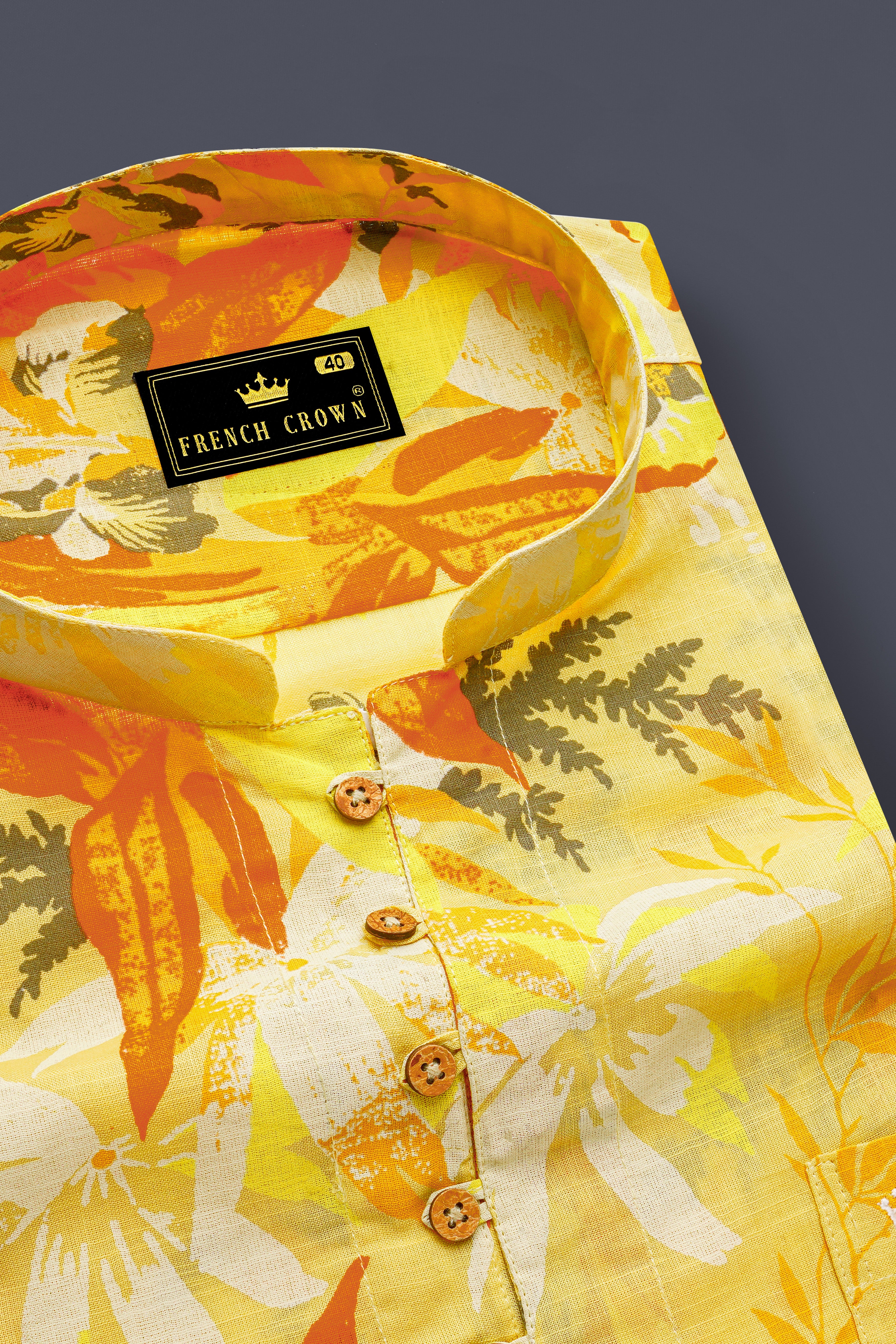 Colonial Yellow Multicolour Floral Printed Luxurious Linen Kurta Shirt