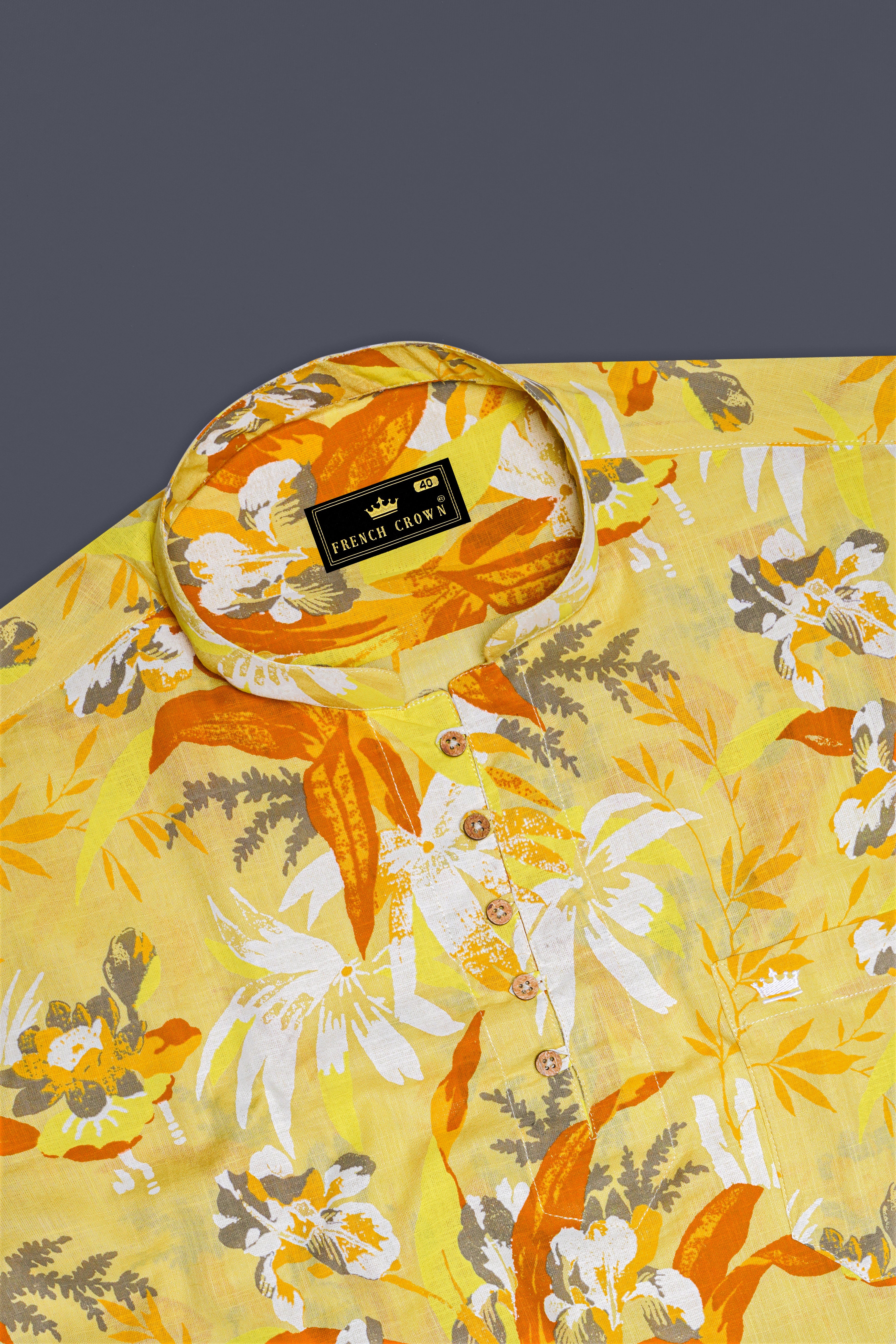 Colonial Yellow Multicolour Floral Printed Luxurious Linen Kurta Shirt
