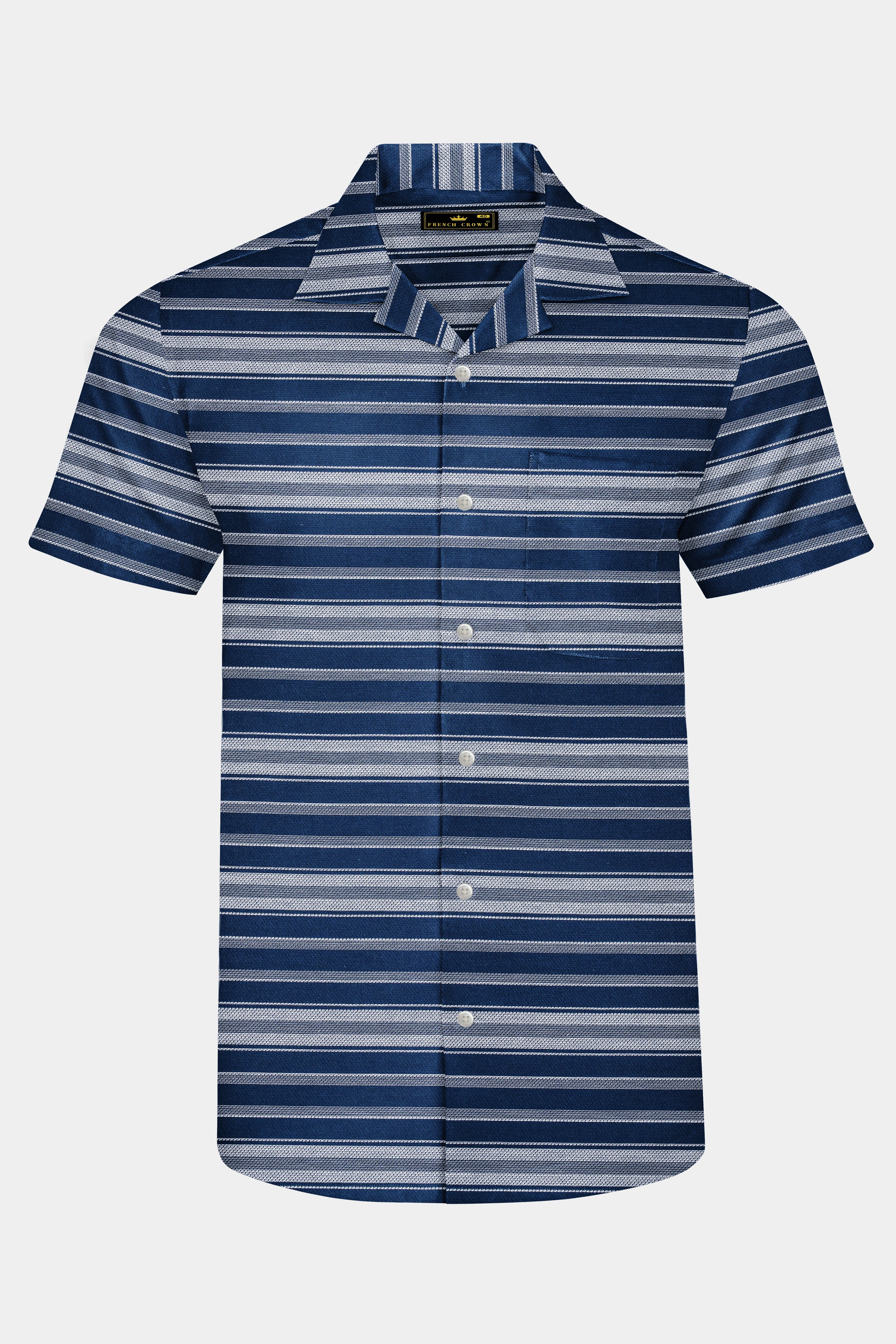 Blue Multicolour Striped Dobby Textured Half-Sleeved Shirt
